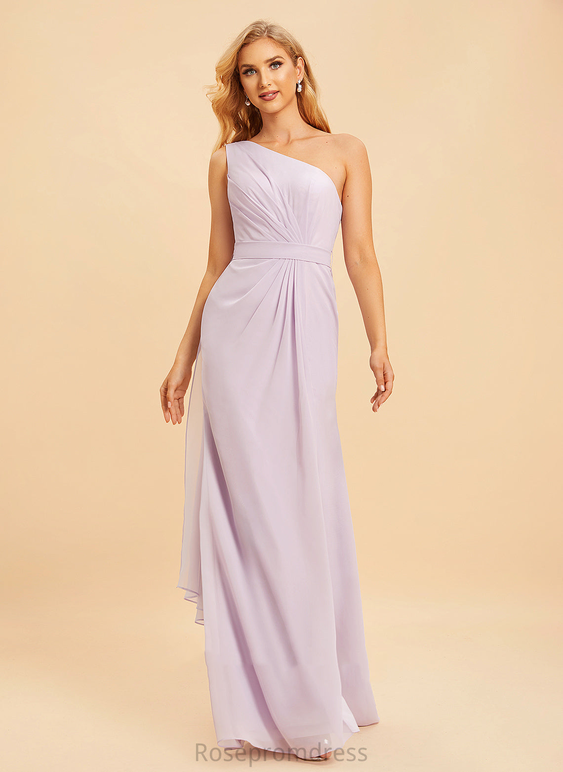 Neckline SplitFront Silhouette Fabric Ruffle A-Line Length Embellishment Floor-Length One-Shoulder Madilynn Empire Waist Bridesmaid Dresses