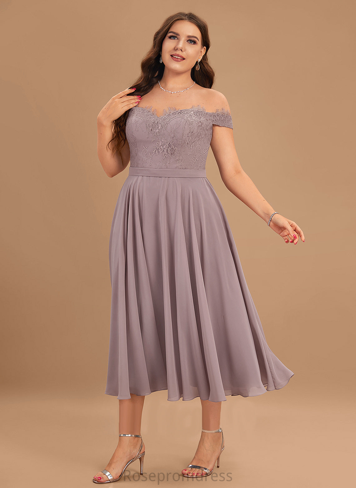 Off-the-Shoulder Embellishment Beading Length Silhouette A-Line Fabric Tea-Length Neckline Nataly Natural Waist Scoop Bridesmaid Dresses