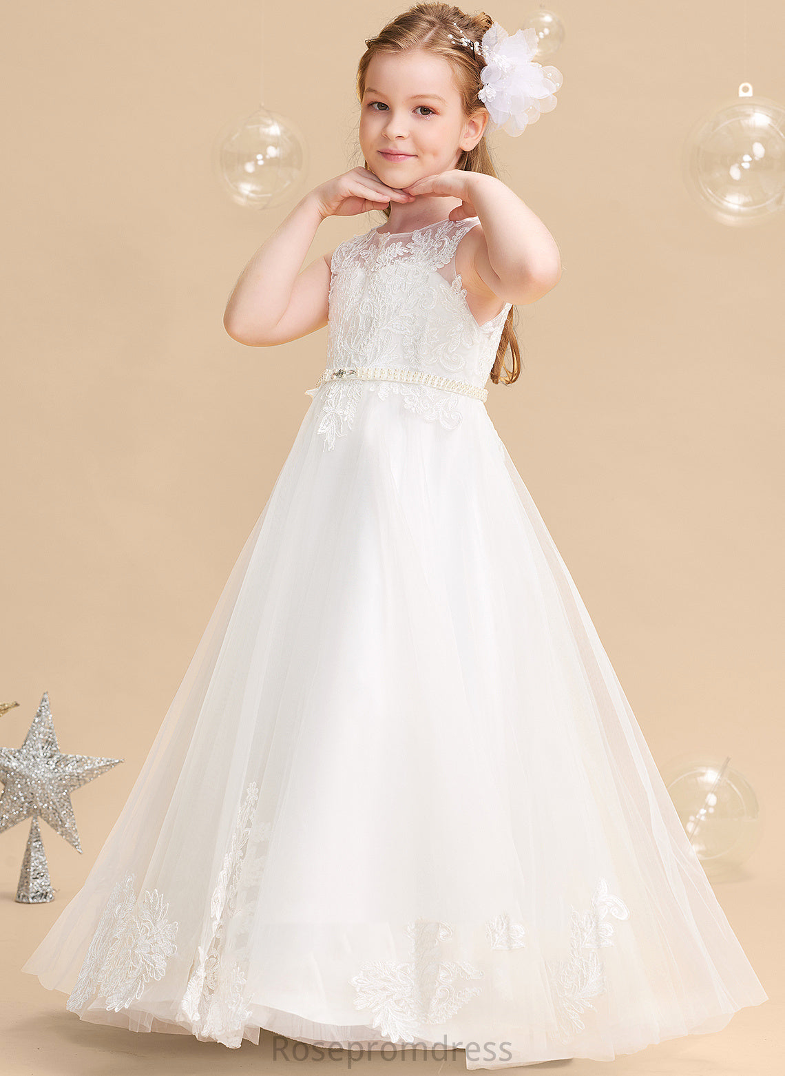 Ball-Gown/Princess Floor-length Beading Tulle/Lace Flower Girl Dresses Flower Dress Neck Scoop - With Girl Serena Sleeveless