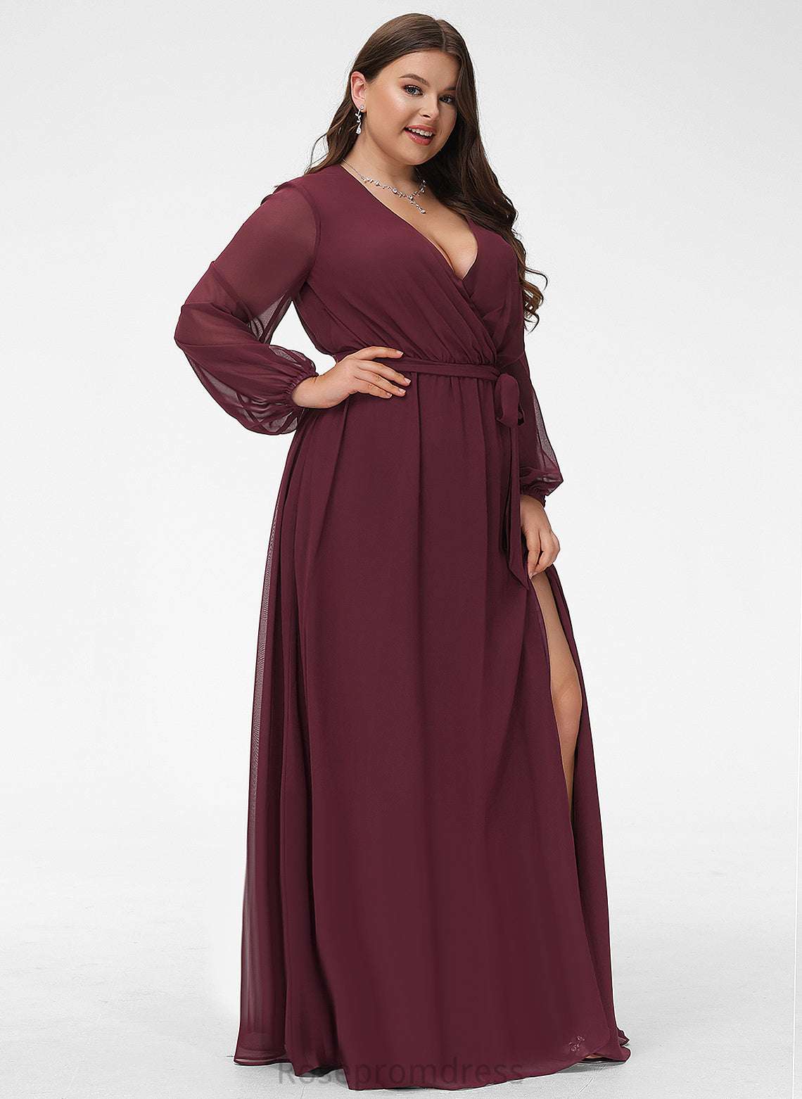 Fabric Pleated Length Bow(s) A-Line Embellishment V-neck Floor-Length Silhouette Neckline Violet Bridesmaid Dresses