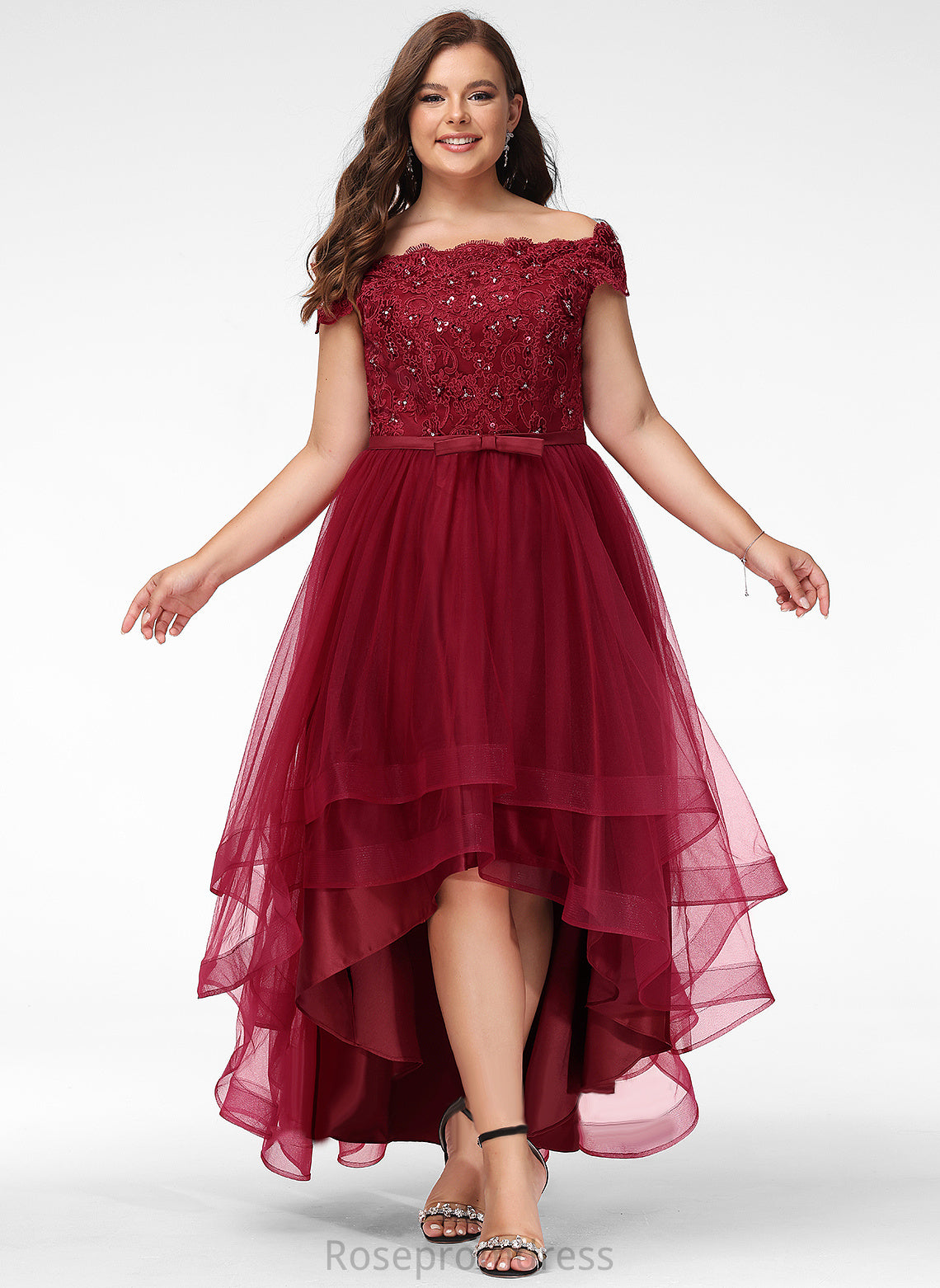 Dress Tulle Asymmetrical Off-the-Shoulder Sequins A-Line Rosa Lace Beading Bow(s) With Wedding Wedding Dresses