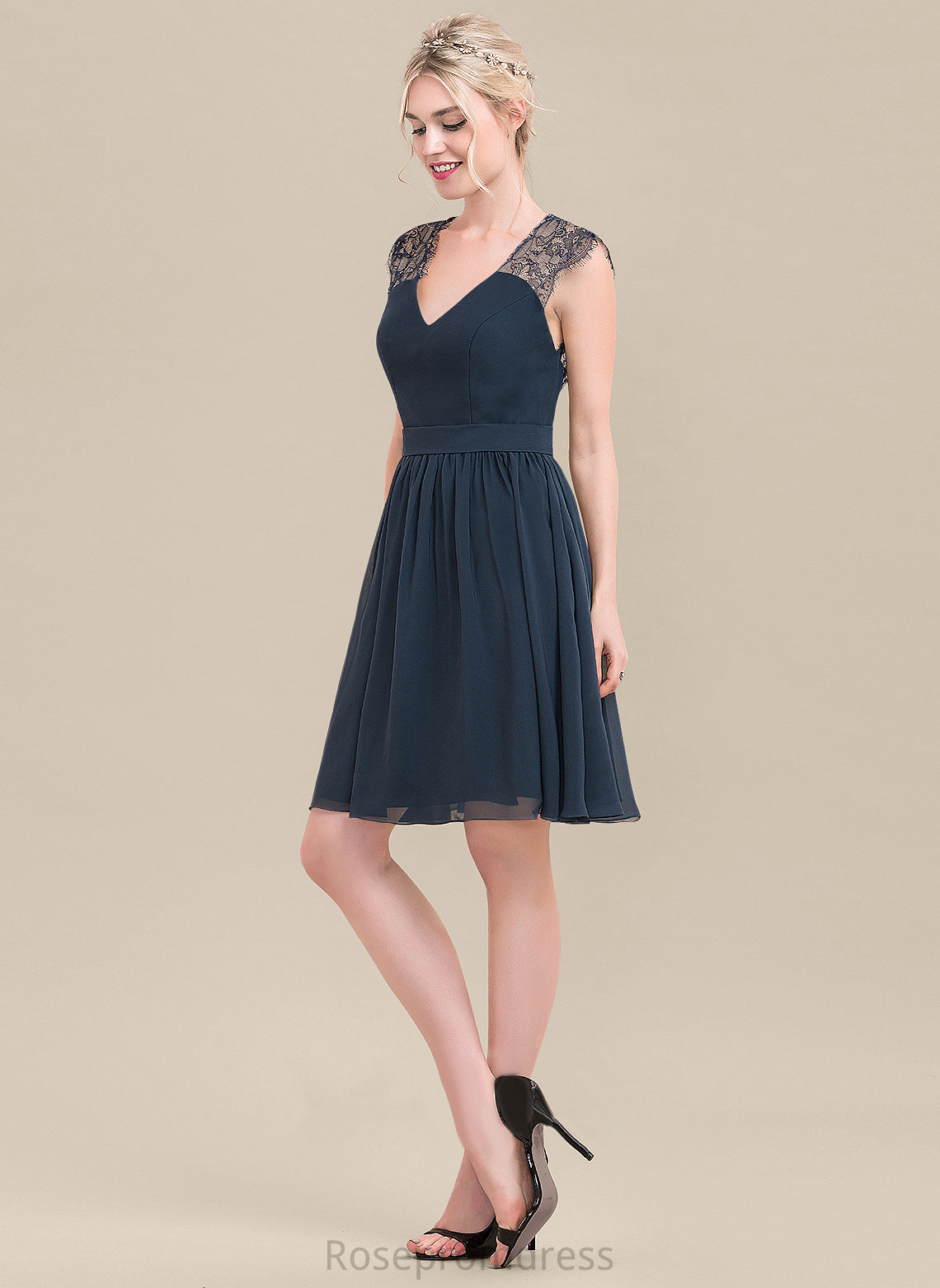 Lace V-neck Dress Knee-Length Cocktail Dresses A-Line Chiffon Alissa Cocktail