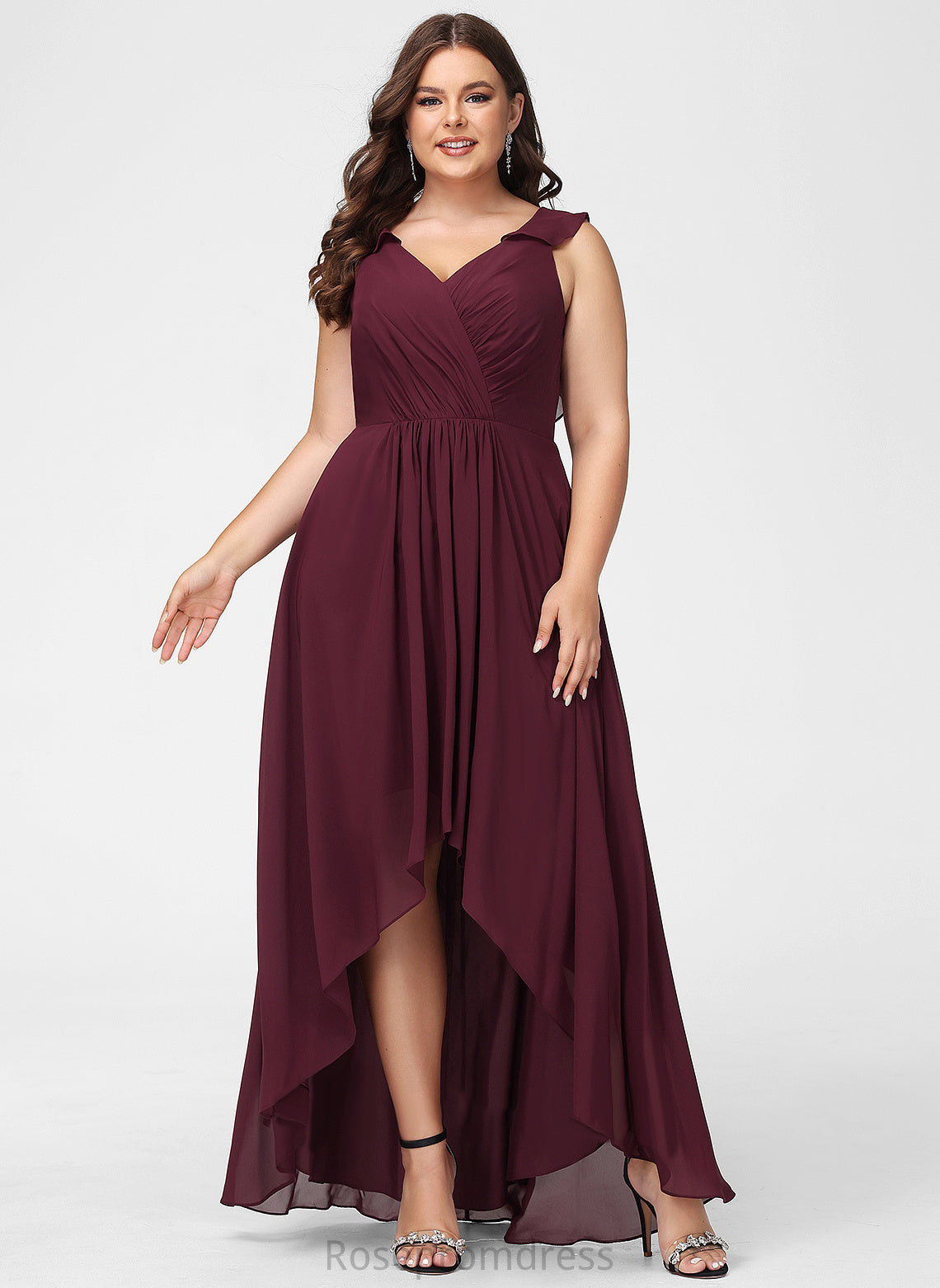 Asymmetrical Ruffle Silhouette Neckline Embellishment Length V-neck A-Line Fabric Mattie Bridesmaid Dresses