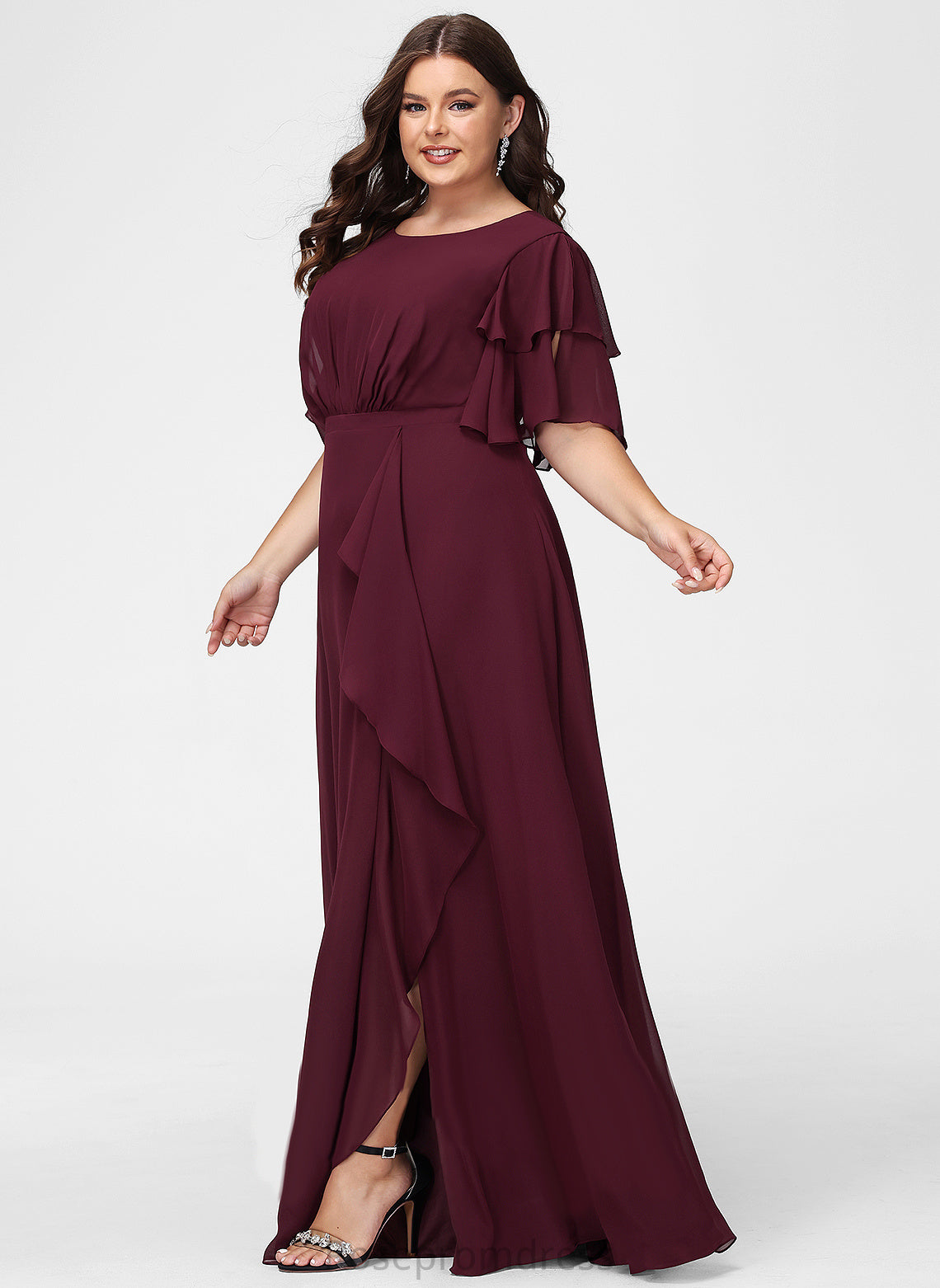 ScoopNeck Ruffle Fabric SplitFront Floor-Length A-Line Length Silhouette Embellishment Neckline Jimena Bridesmaid Dresses