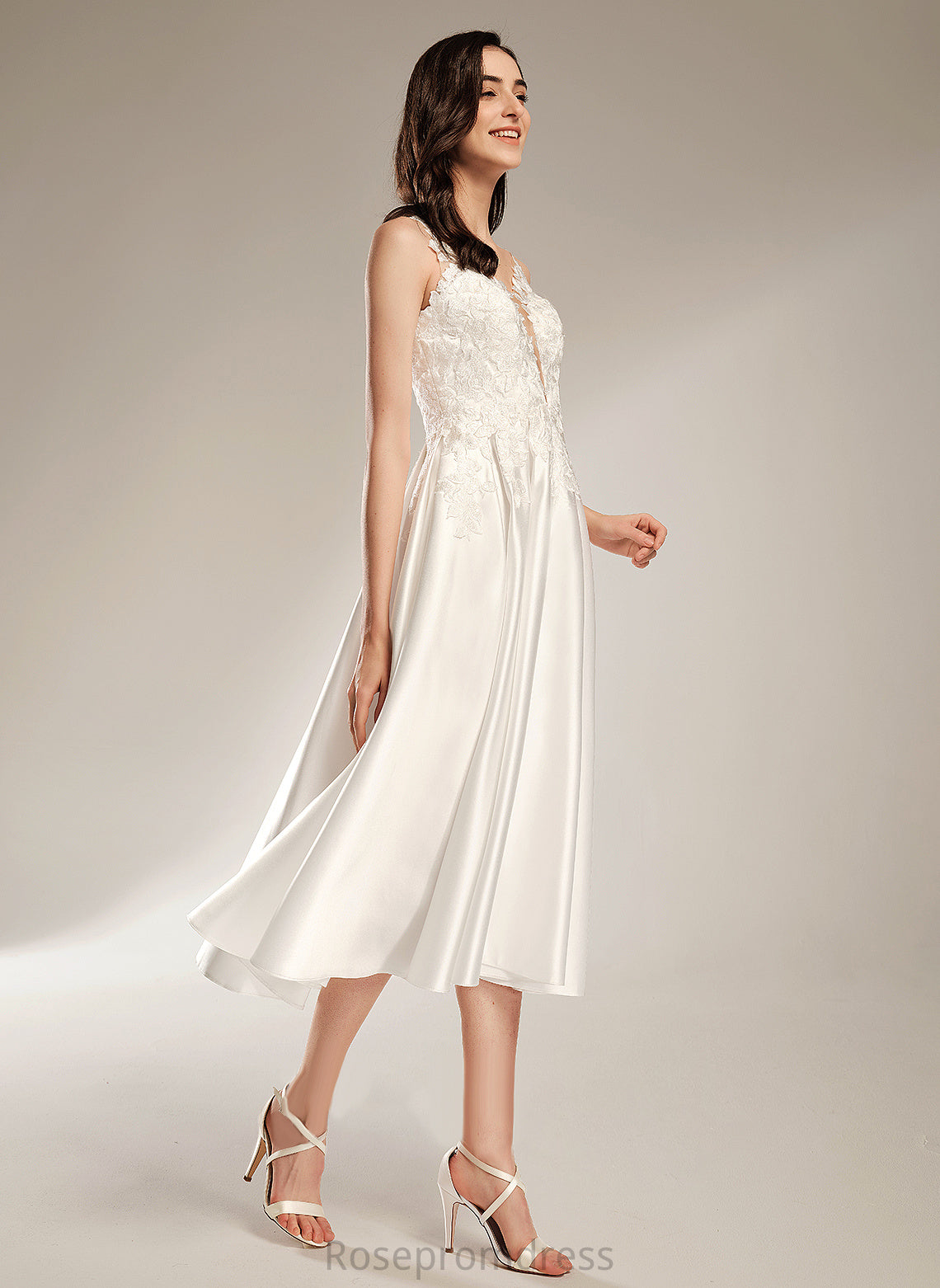 Wedding Dresses Dress Tea-Length Pockets With Lace Celia V-neck A-Line Satin Wedding