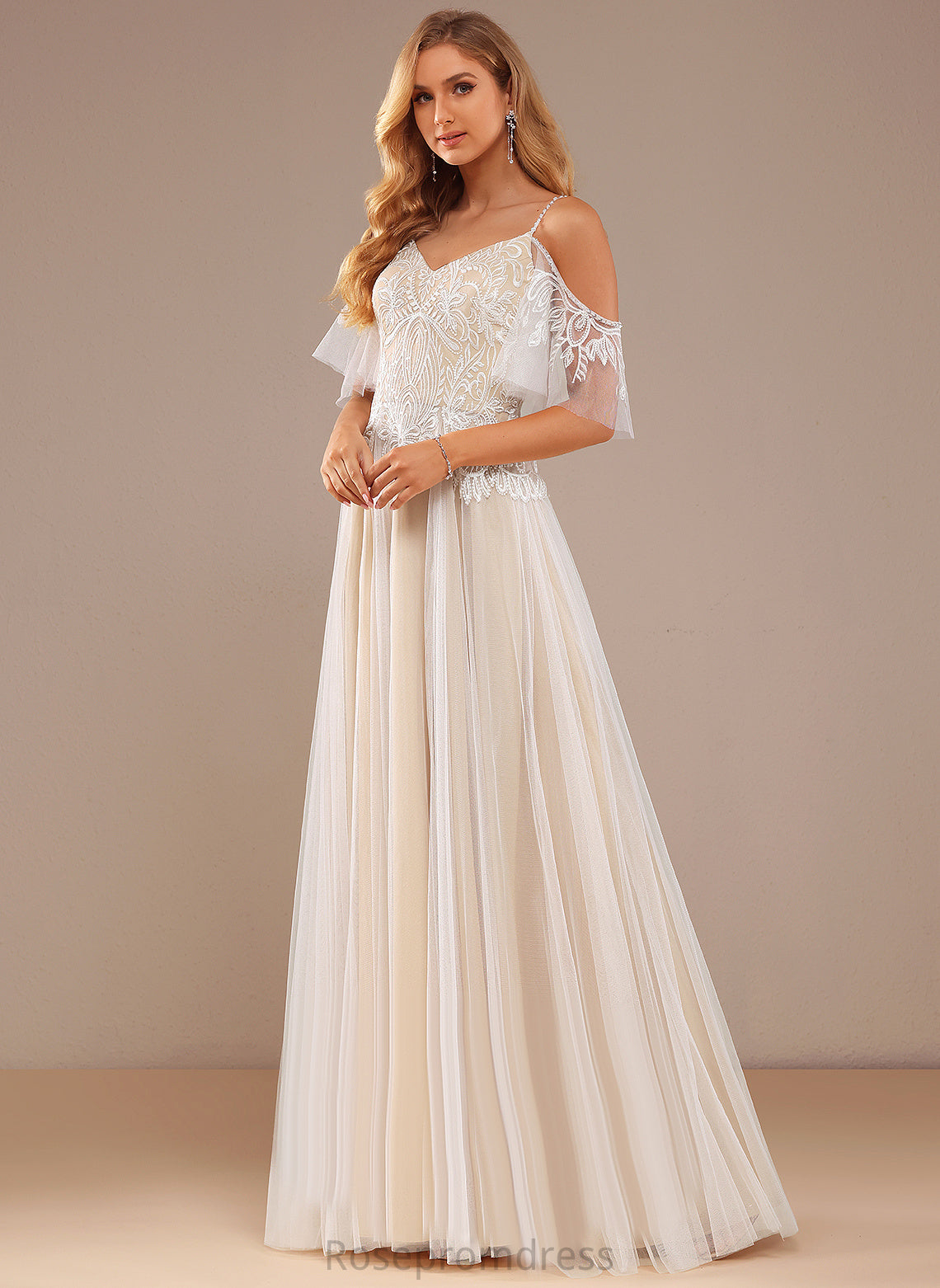 Beading Lace Tulle Sequins Wedding Lace A-Line Zoe Dress With Floor-Length V-neck Ruffle Wedding Dresses