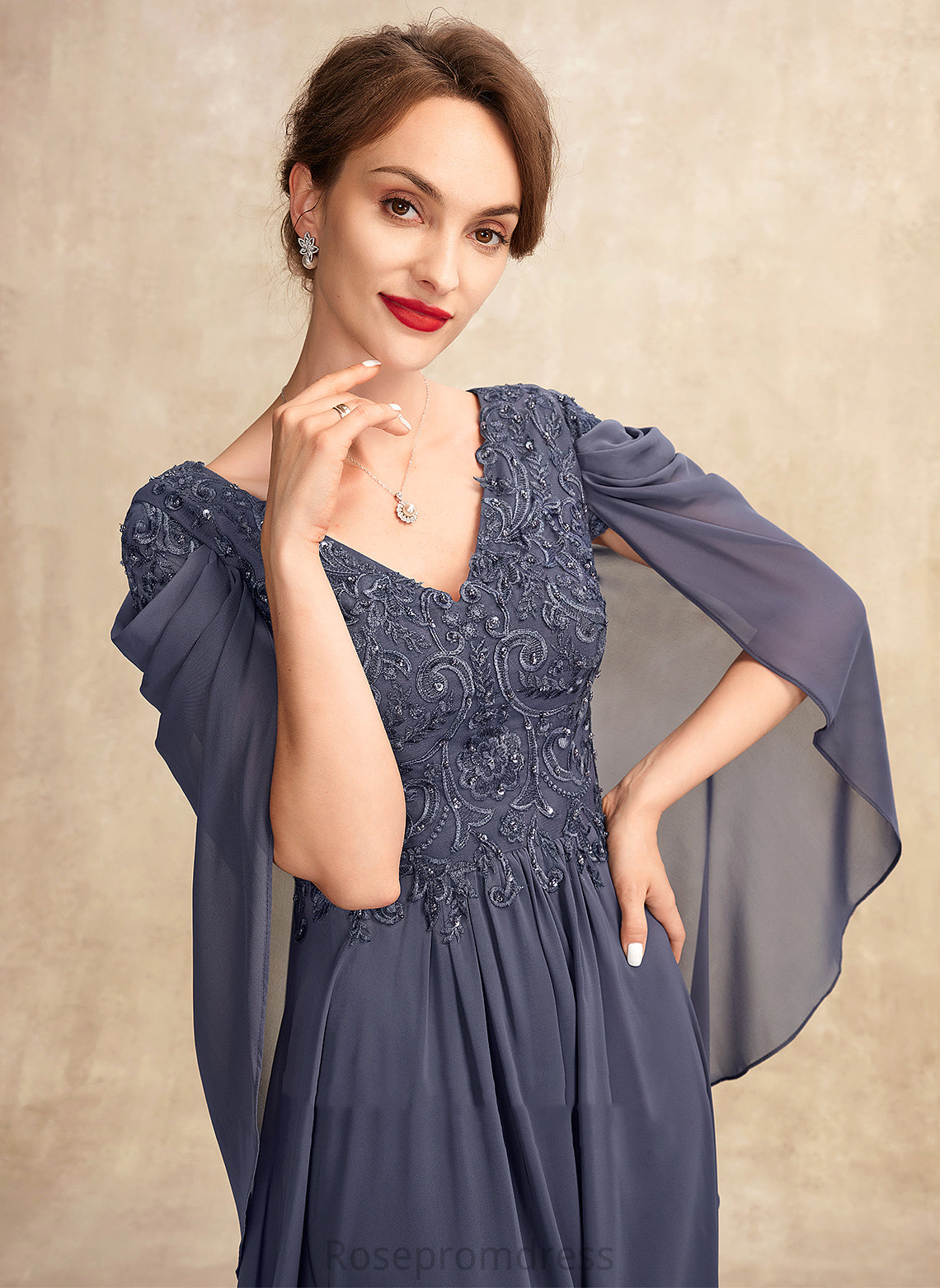 V-neck Lace Dress of Chiffon Mother Beading Mother of the Bride Dresses Floor-Length Miranda A-Line Sequins With Bride the