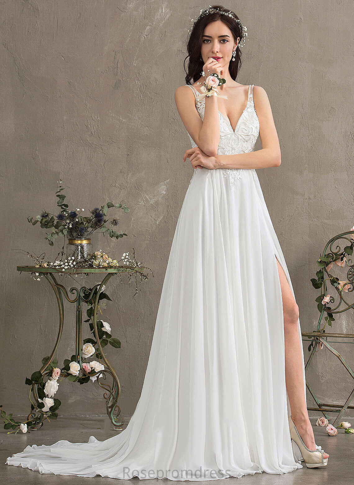 Beading A-Line V-neck Dress Wedding Thalia Sweep Sequins Split Chiffon Lace Wedding Dresses Front With Train