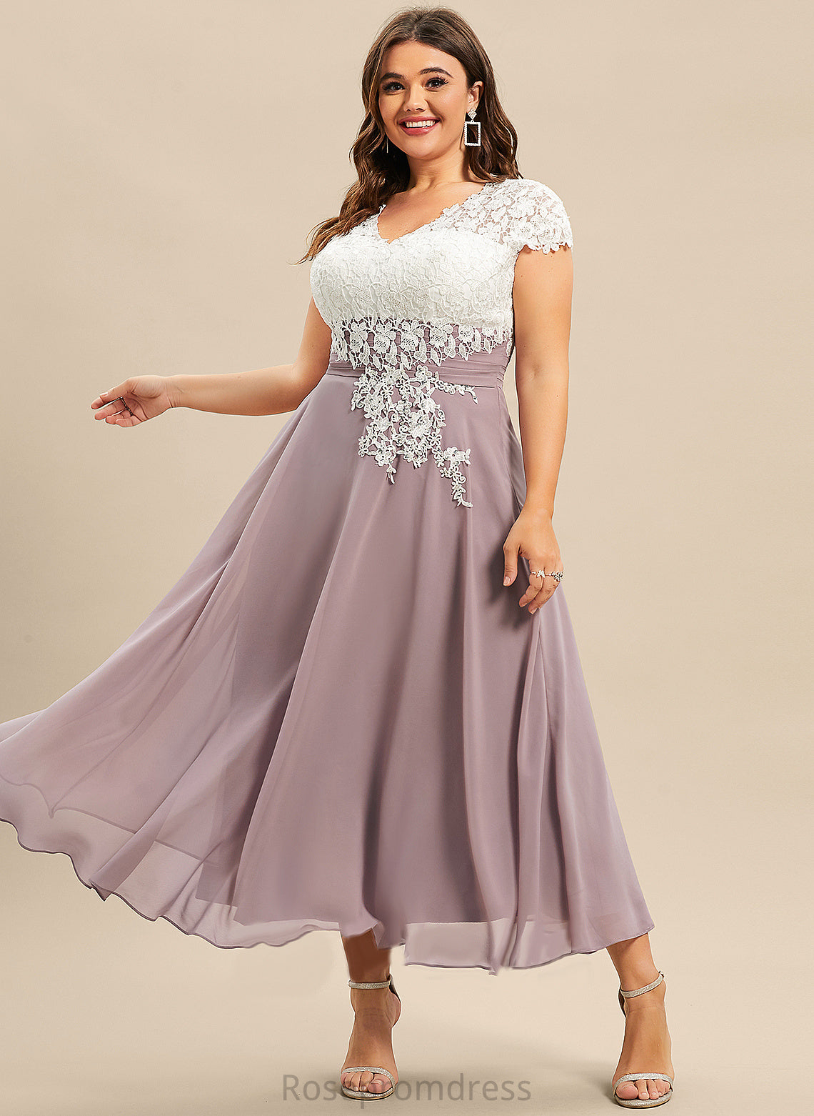 A-Line Mother of the Bride Dresses Viviana of Tea-Length the Lace Chiffon Mother Bride Dress V-neck