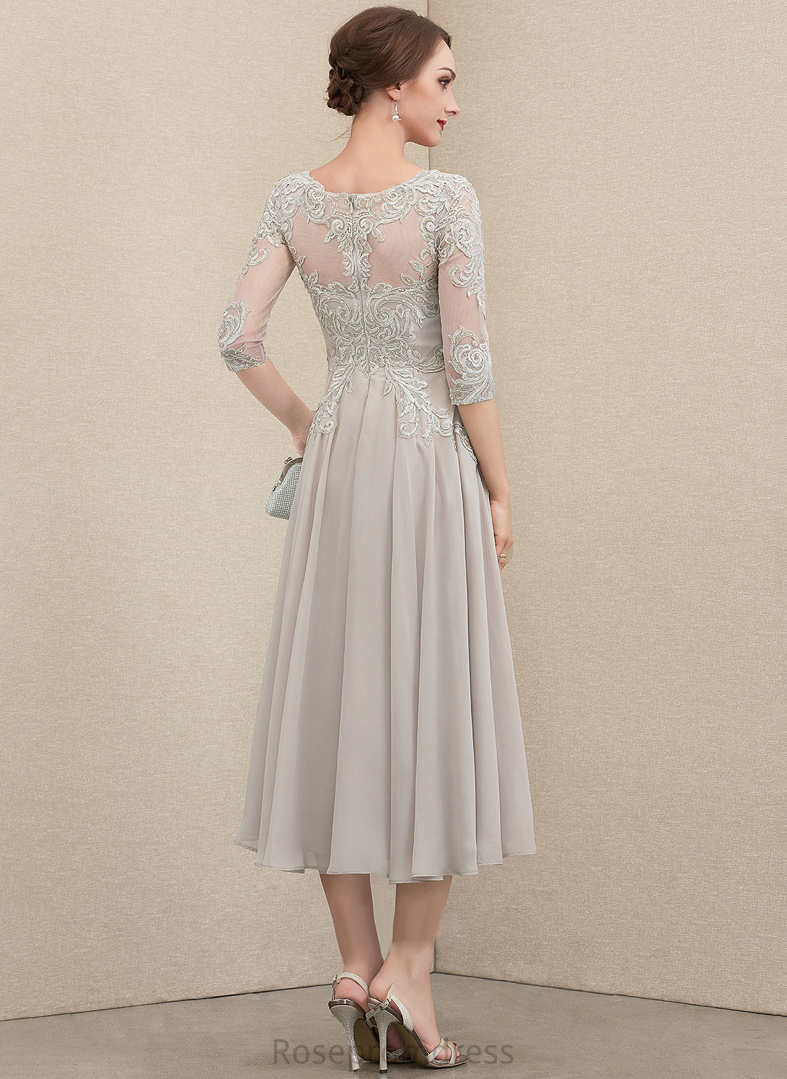 the Sequins Tea-Length Beading Mother Dress Lace Neck With A-Line of Mother of the Bride Dresses Annika Chiffon Bride Scoop