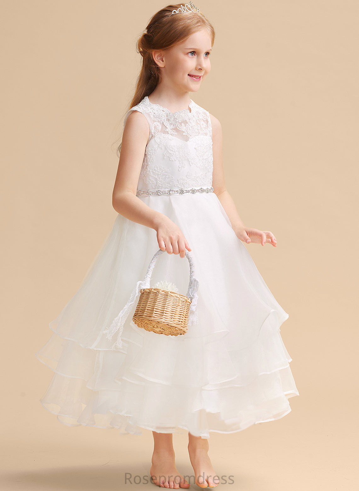 Tea-length Dress Sleeveless Girl - Organza/Lace Carolyn With Neck Flower Flower Girl Dresses A-Line Scoop Beading/Rhinestone