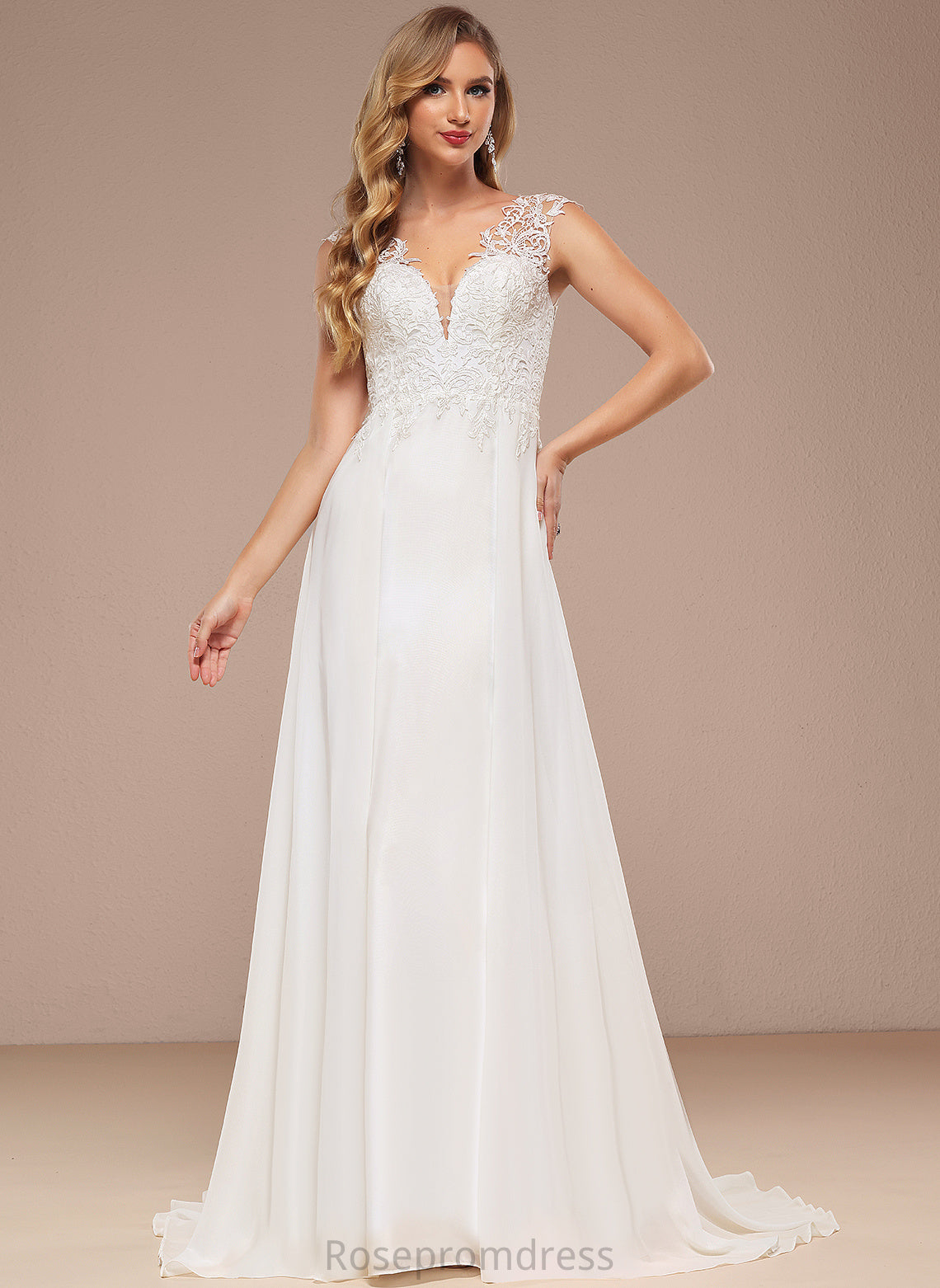 Wedding Dresses Train V-neck Sweep A-Line Emilee Dress Chiffon Lace Wedding