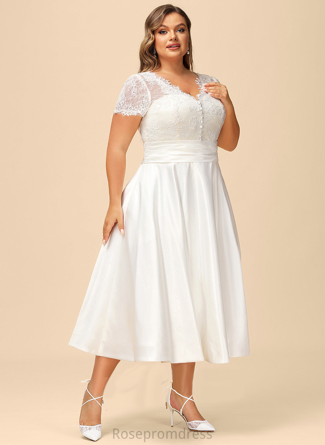 A-Line Lace Satin Ruffle Dress Tea-Length Wedding With Evangeline Wedding Dresses Pockets V-neck