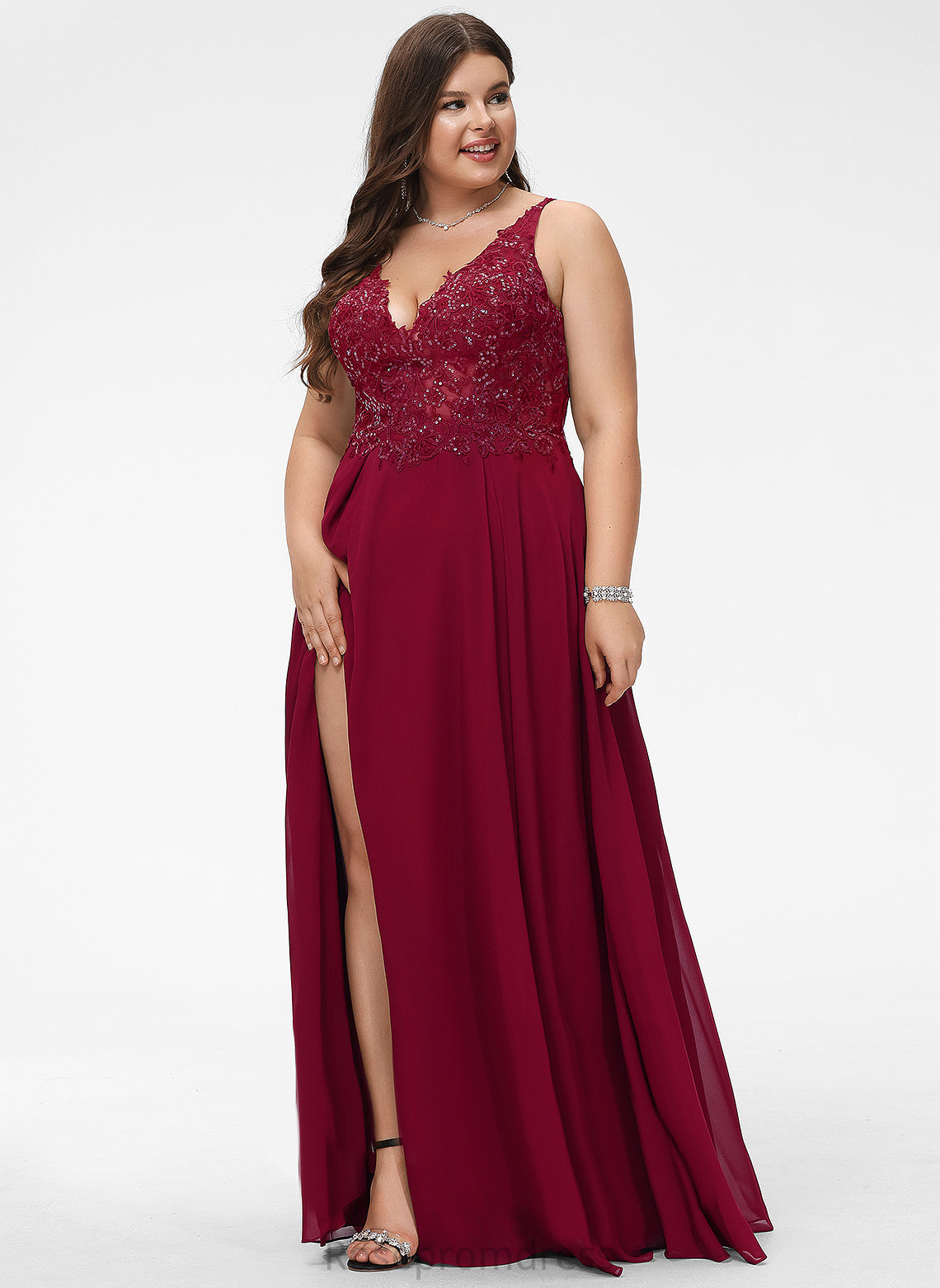 Chiffon Lace Sequins Prom Dresses A-Line V-neck Floor-Length Lucia With