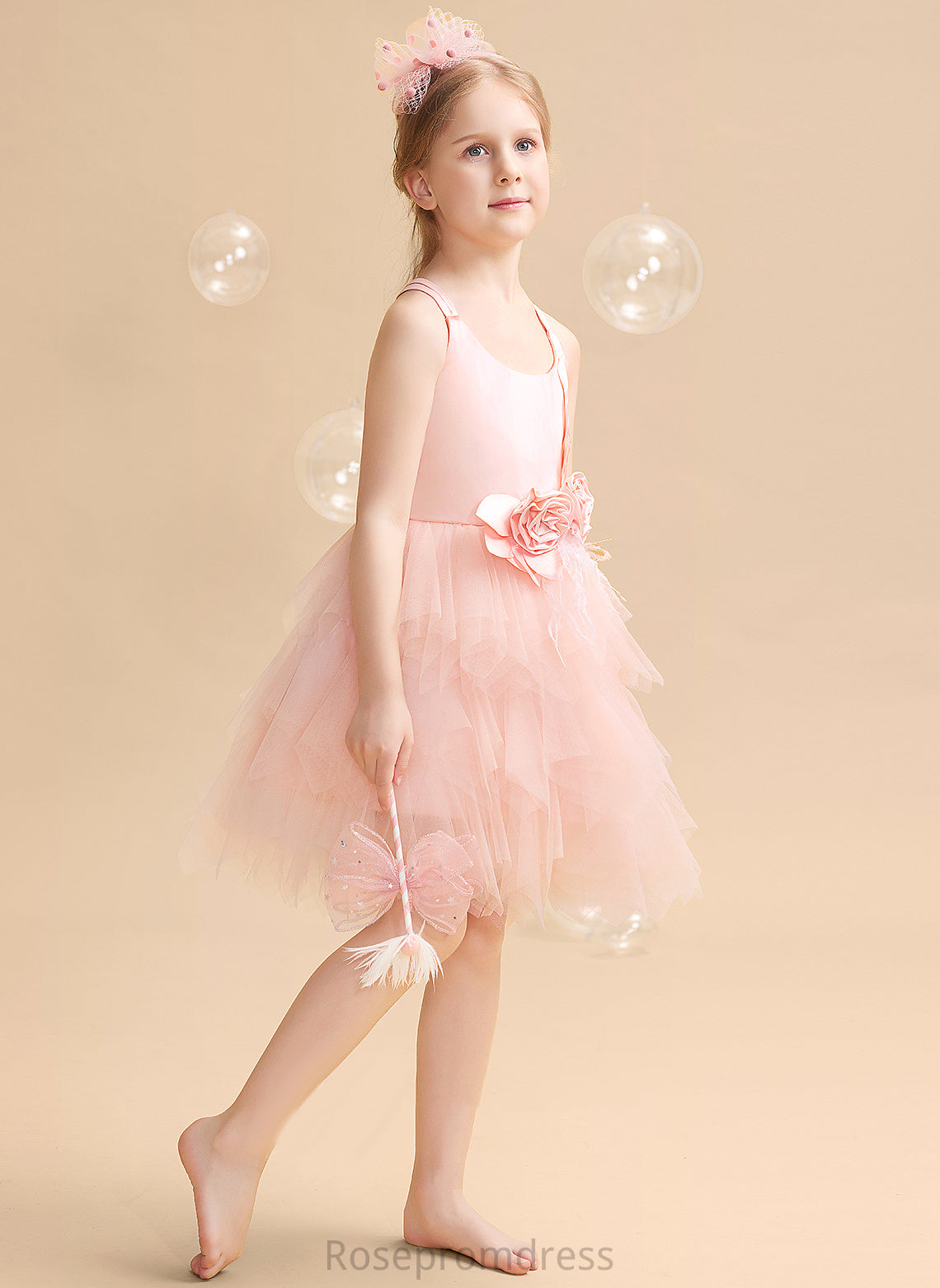 Neck Tulle Knee-length Feather/Flower(s) Teresa Flower Scalloped Flower Girl Dresses Ball-Gown/Princess Girl Dress - Sleeveless With