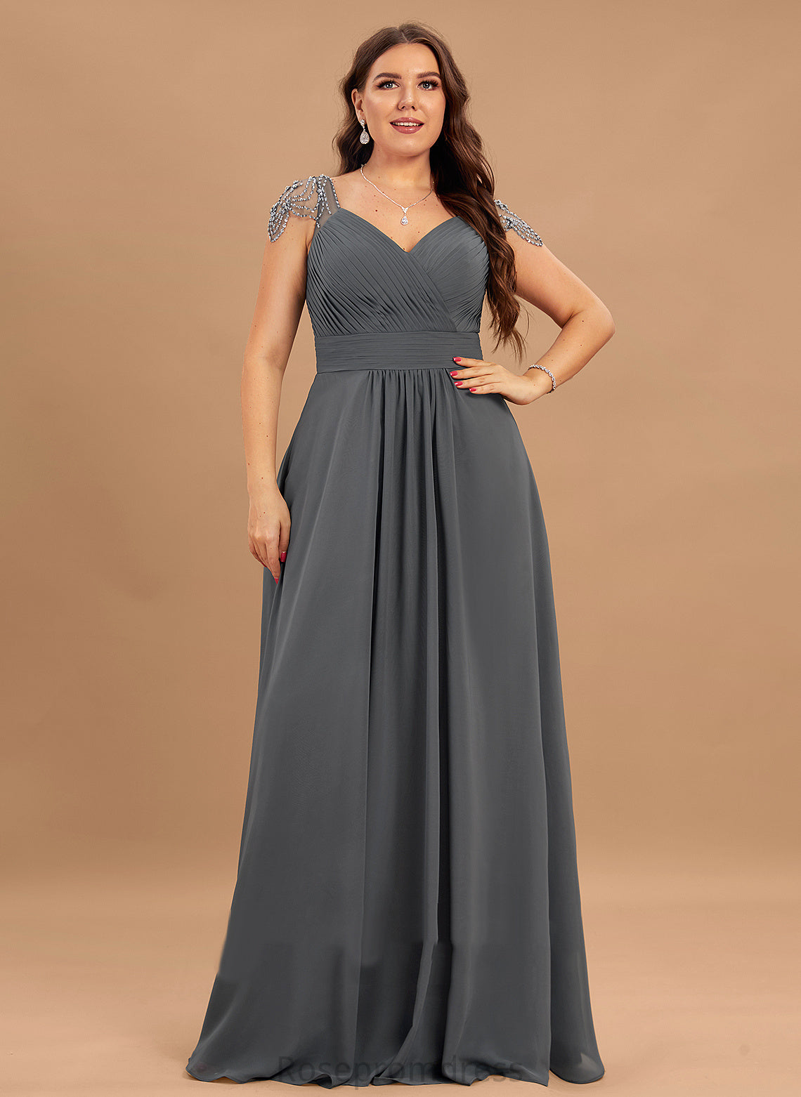 Pleated V-neck Fabric Floor-Length Sequins A-Line Beading Embellishment Length Neckline Silhouette Cassidy Bridesmaid Dresses