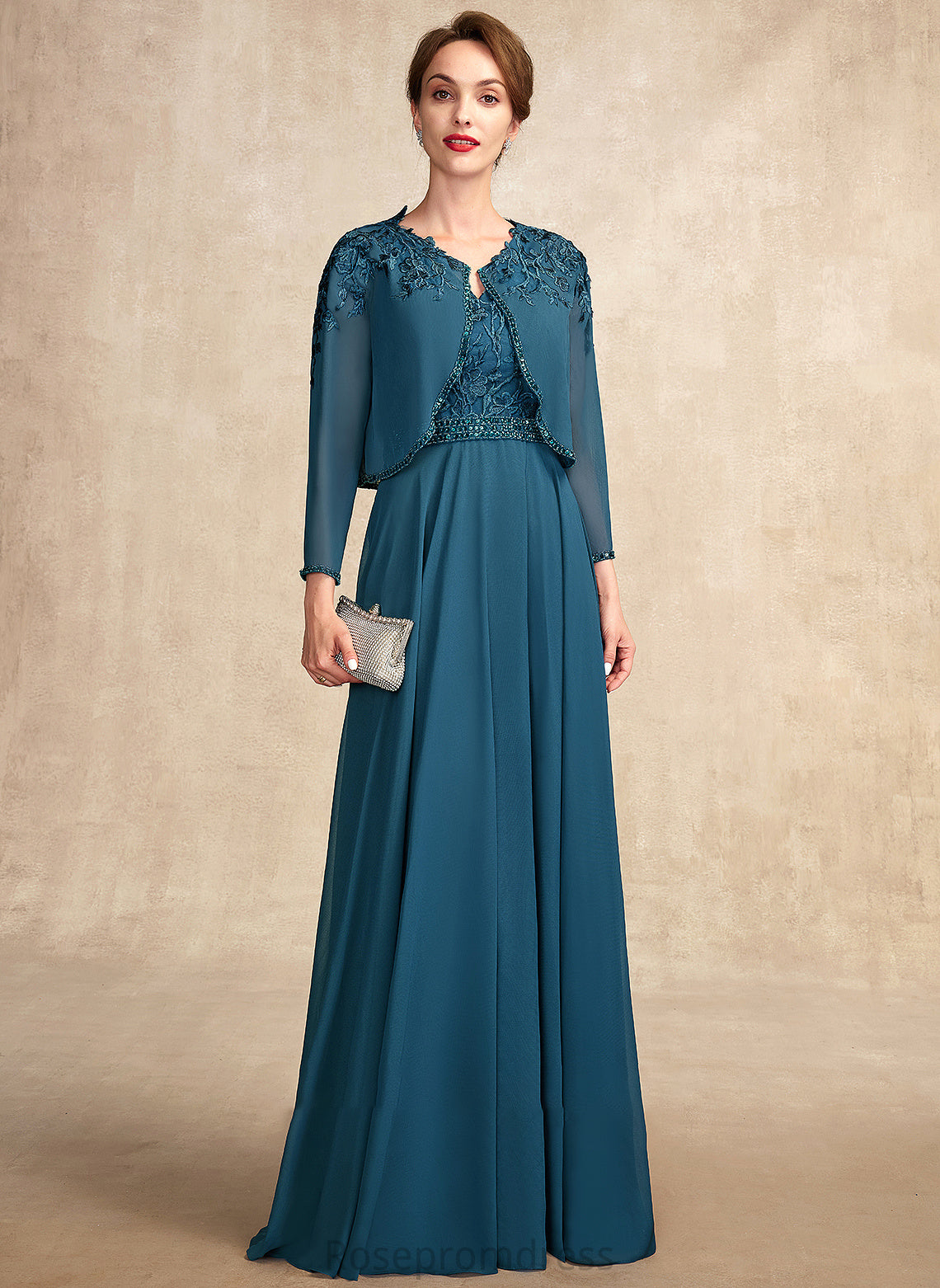 Dress of the Floor-Length Sequins Chiffon Kathryn Bride Beading A-Line Mother of the Bride Dresses Lace With Mother V-neck