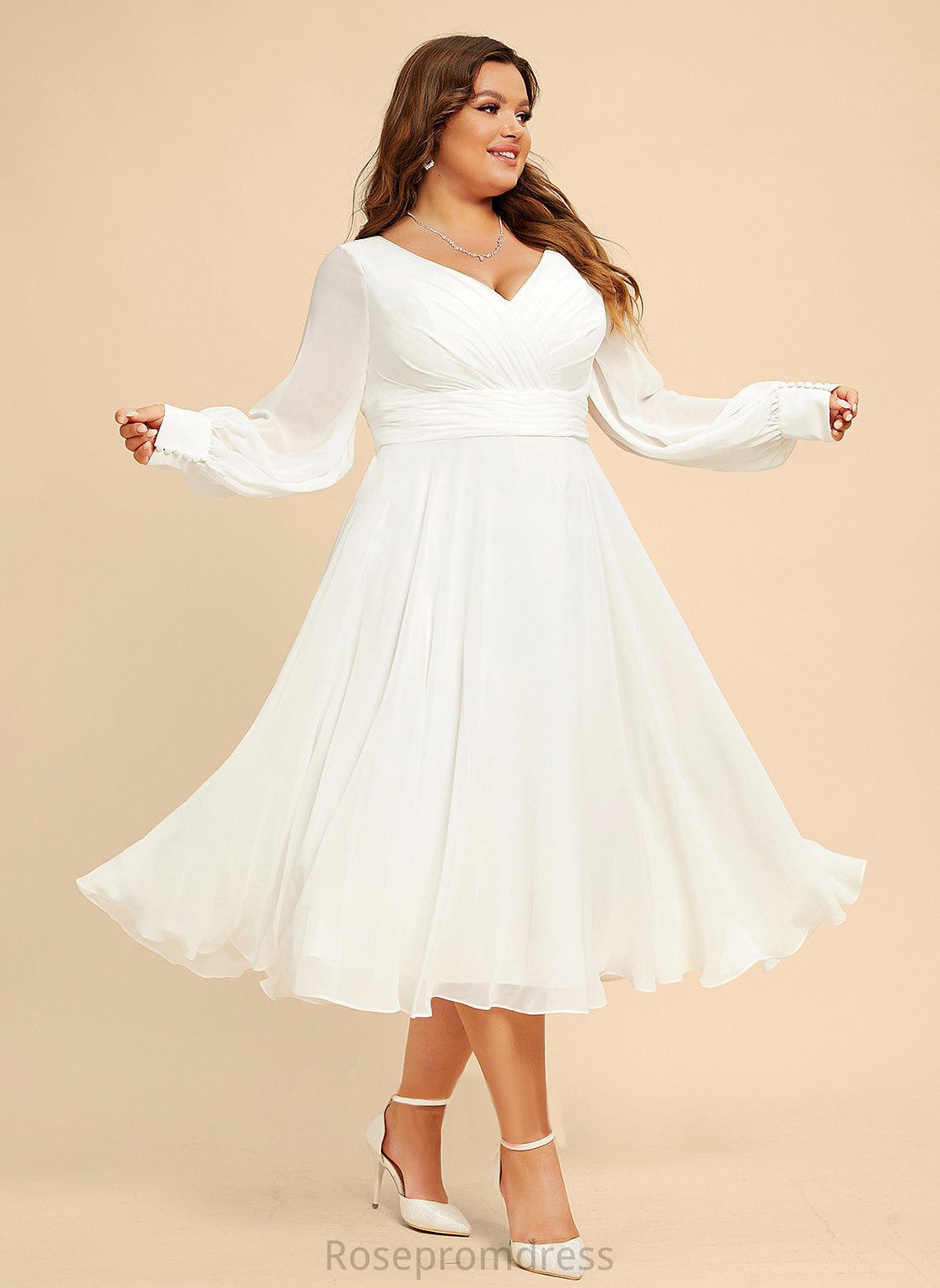 Tea-Length Kiley Wedding A-Line Chiffon Wedding Dresses V-neck Dress