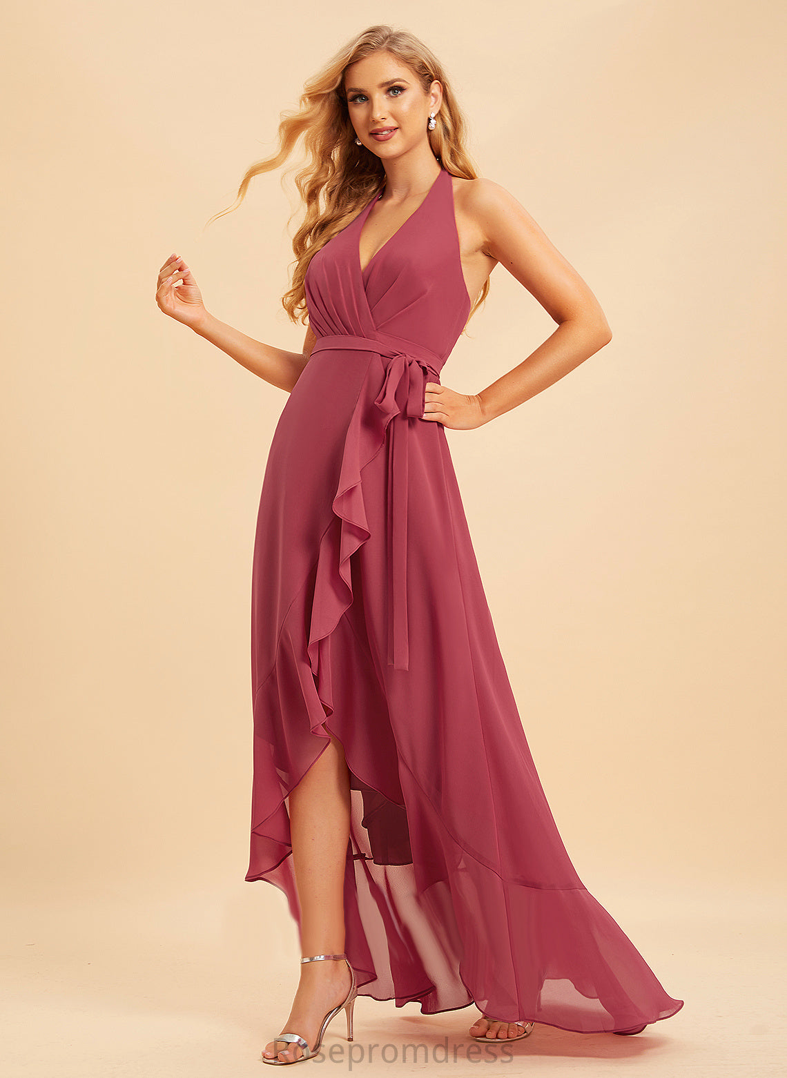 Fabric Length Embellishment Asymmetrical Halter Neckline Silhouette A-Line Ruffle Bella Bridesmaid Dresses