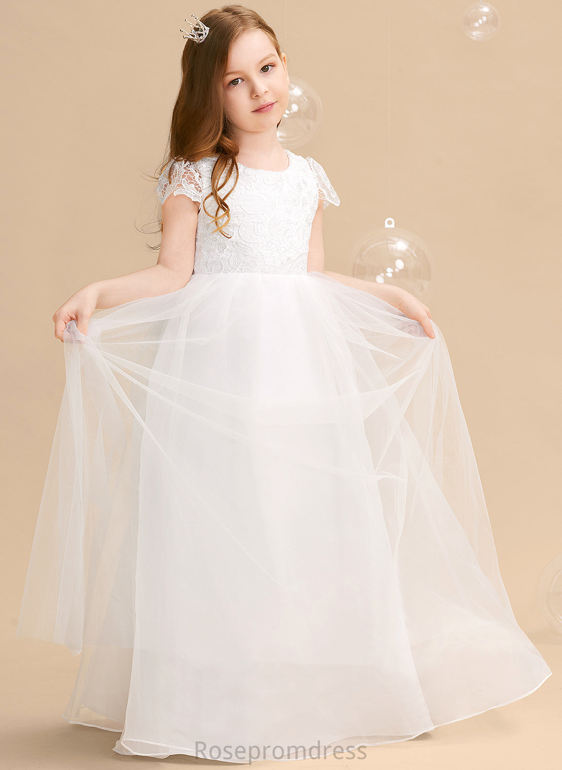 Floor-length Girl Dress Short Neck Tulle/Lace - Bow(s) Flower Ball-Gown/Princess Michaela Scoop Flower Girl Dresses Sleeves With