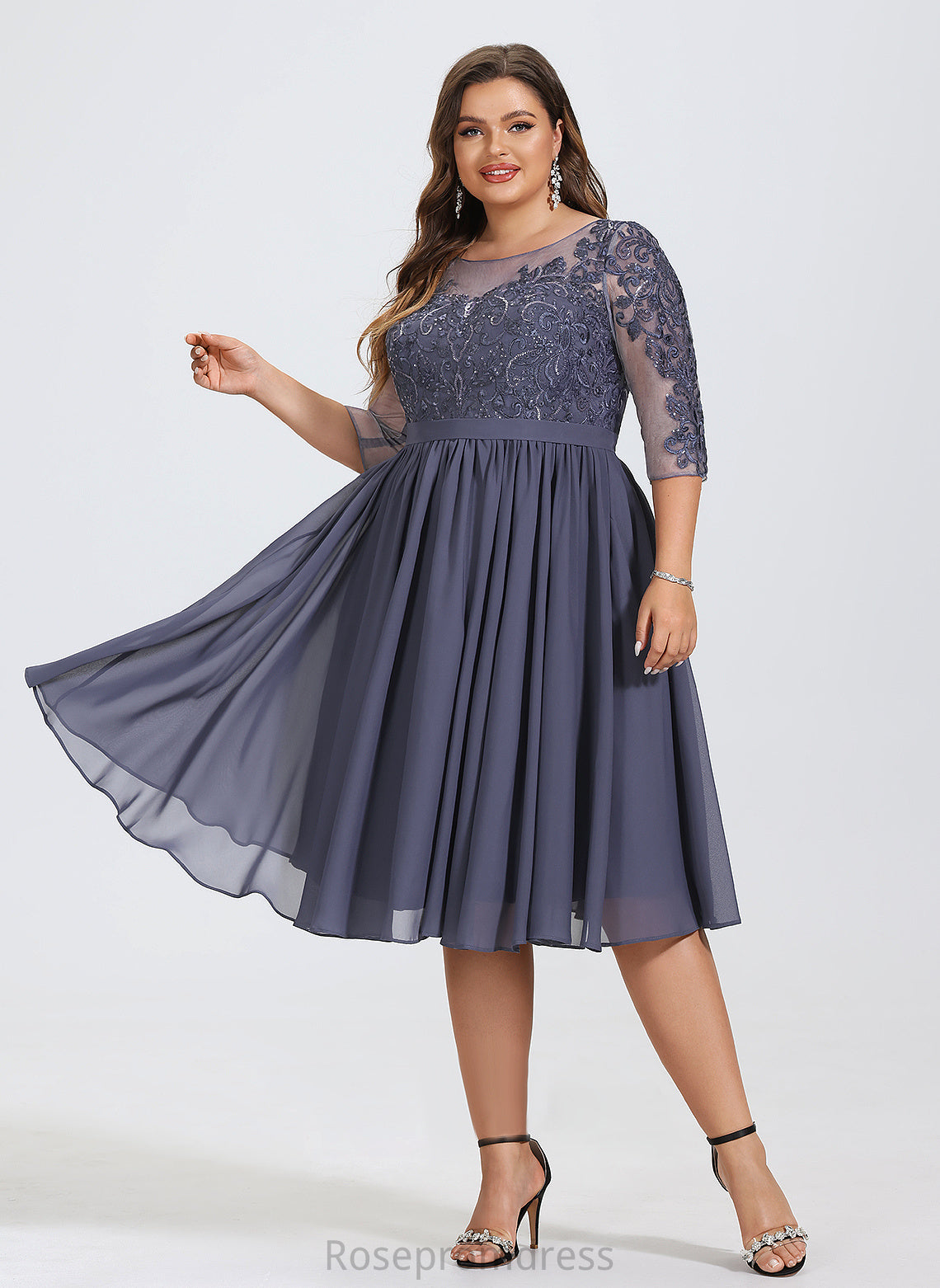 A-Line Dress Cocktail Neck Lace Cocktail Dresses With Sequins Gemma Scoop Knee-Length Chiffon