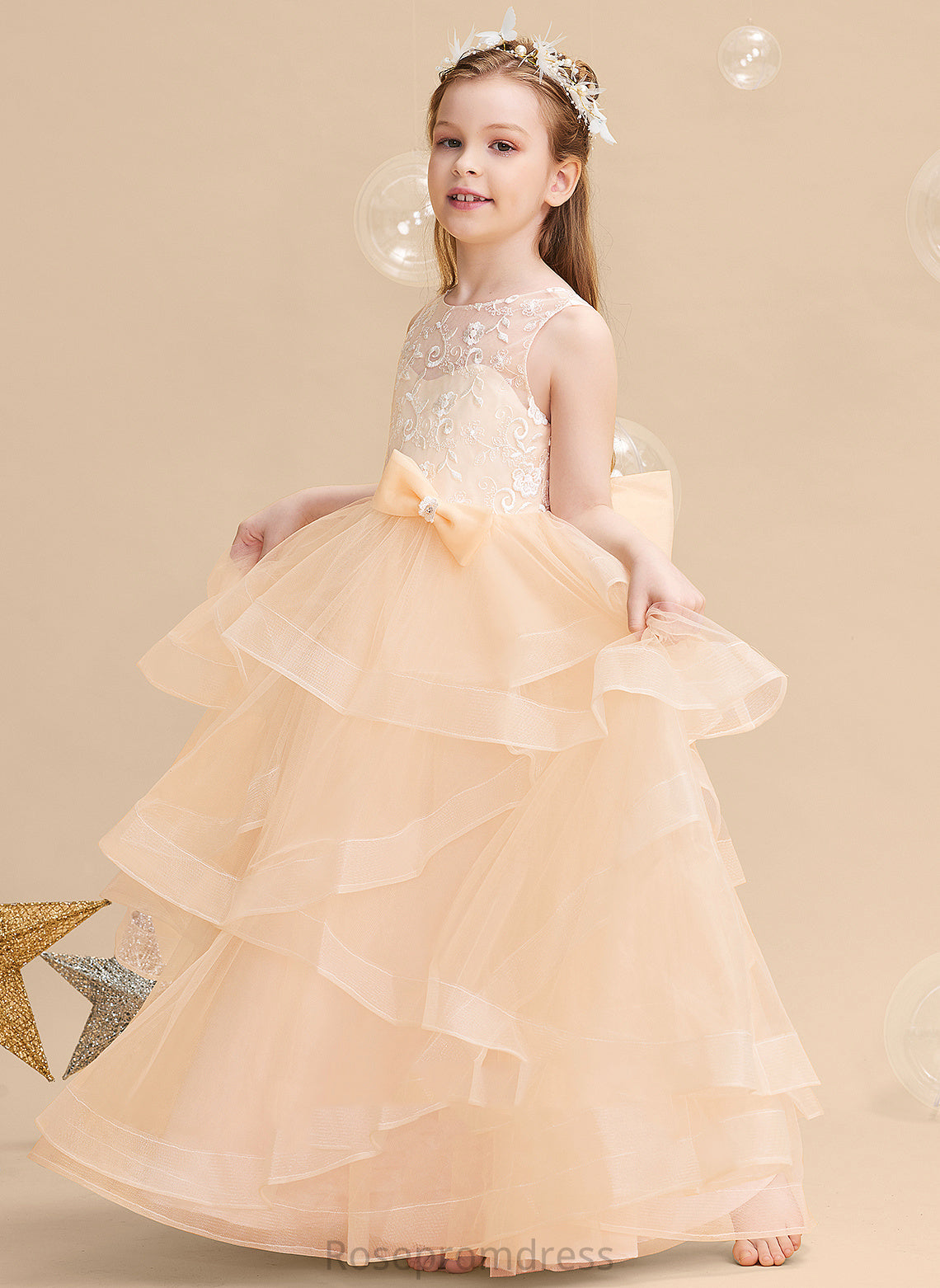 Lola Sleeveless Scalloped Neck Girl Floor-length Dress Ball-Gown/Princess Back Lace/Flower(s)/Bow(s)/V Flower Girl Dresses Flower With Tulle