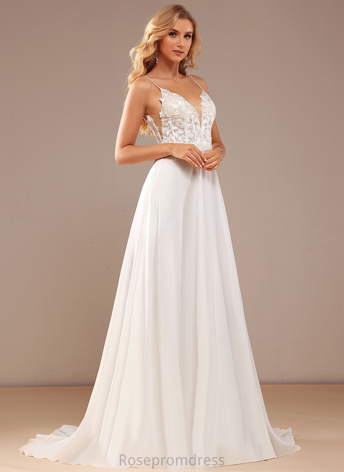 V-neck Wedding Sequins Court Lace Lace Train Beading Pockets Wedding Dresses Amari Chiffon A-Line With Feather Dress