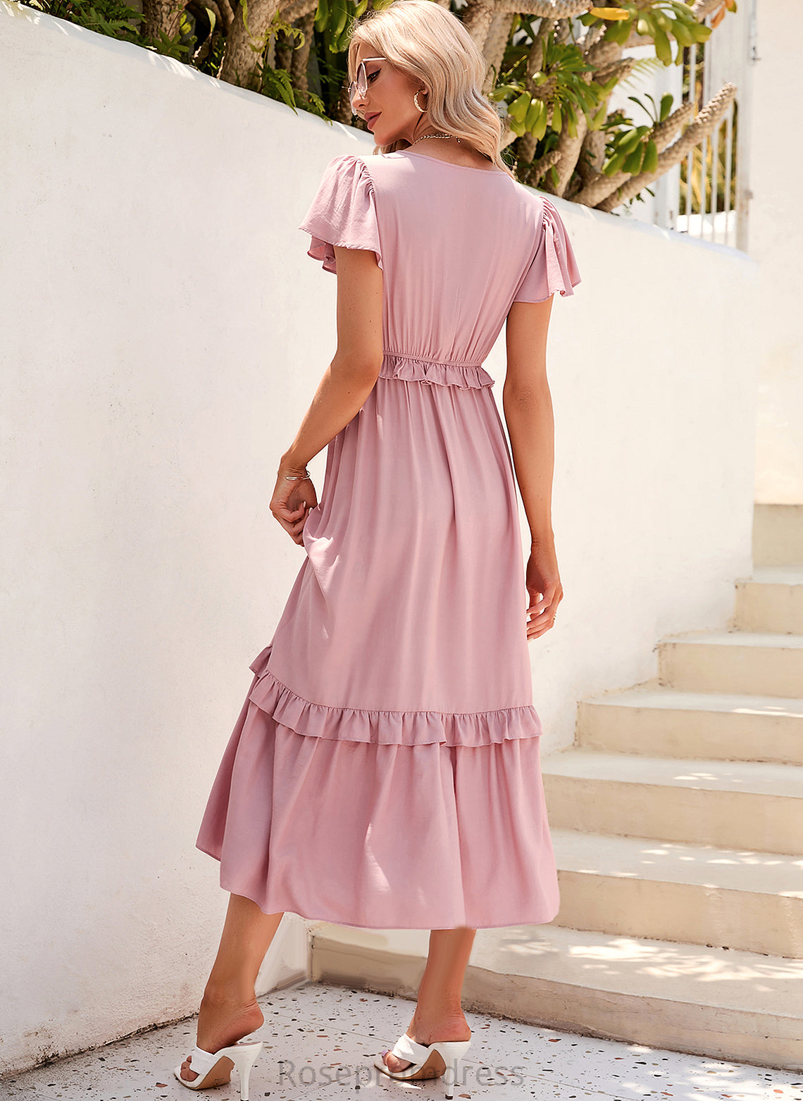 Straps Fabric Silhouette Tea-Length Neckline Polyester A-Line V-neck Length Anne Bridesmaid Dresses