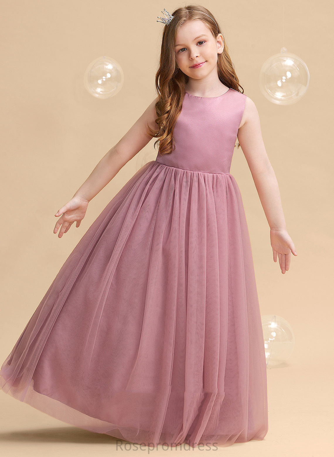 Ball-Gown/Princess Flower Bow(s)/Back Elsie Scoop Hole Girl Sleeveless Floor-length Neck Tulle Flower Girl Dresses - With Dress