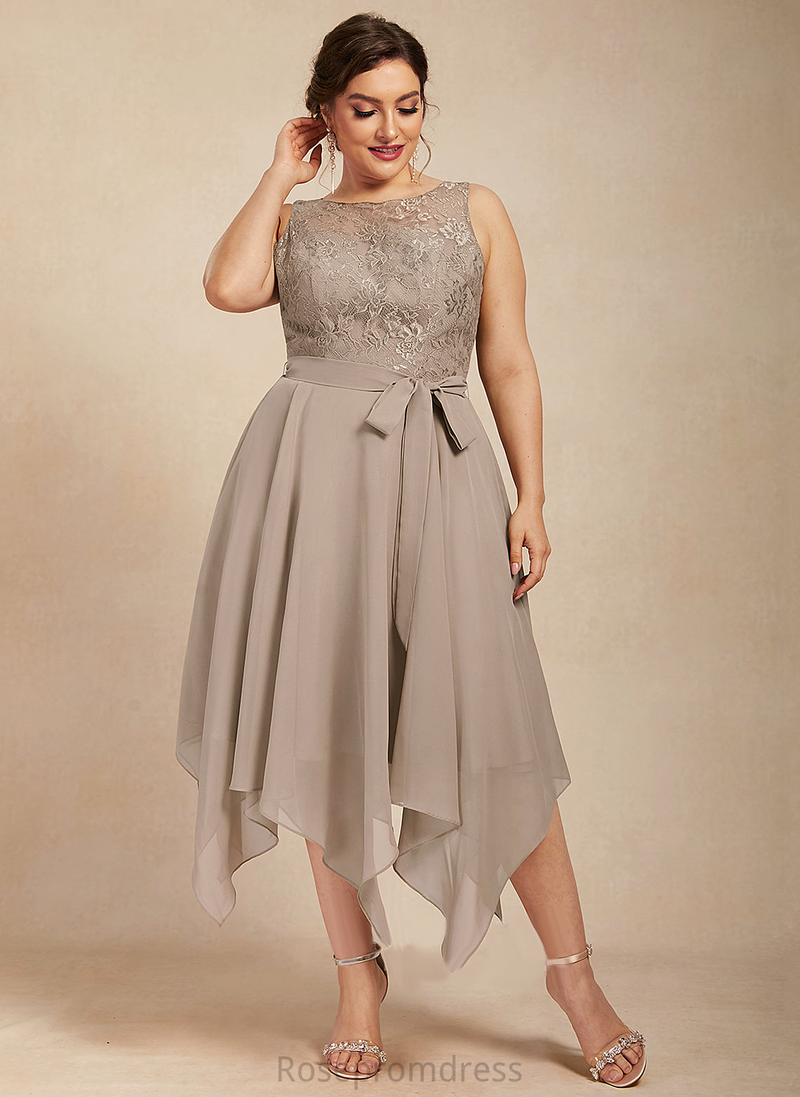 Bow(s) the Bride Chiffon Mother Jocelyn Mother of the Bride Dresses Tea-Length Neck of With Lace Scoop A-Line Dress