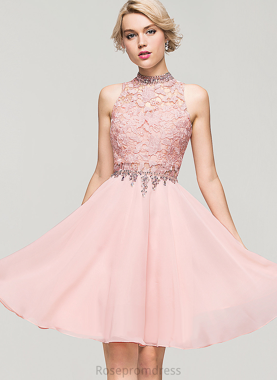 Knee-Length Dress Lace With Sequins Neck A-Line Kaylyn Beading High Chiffon Lace Cocktail Dresses Cocktail