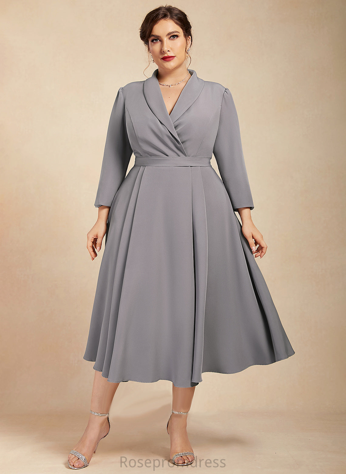 Amirah A-Line Mother of the Bride Dresses of Stretch Tea-Length Crepe the Bride V-neck Mother Dress