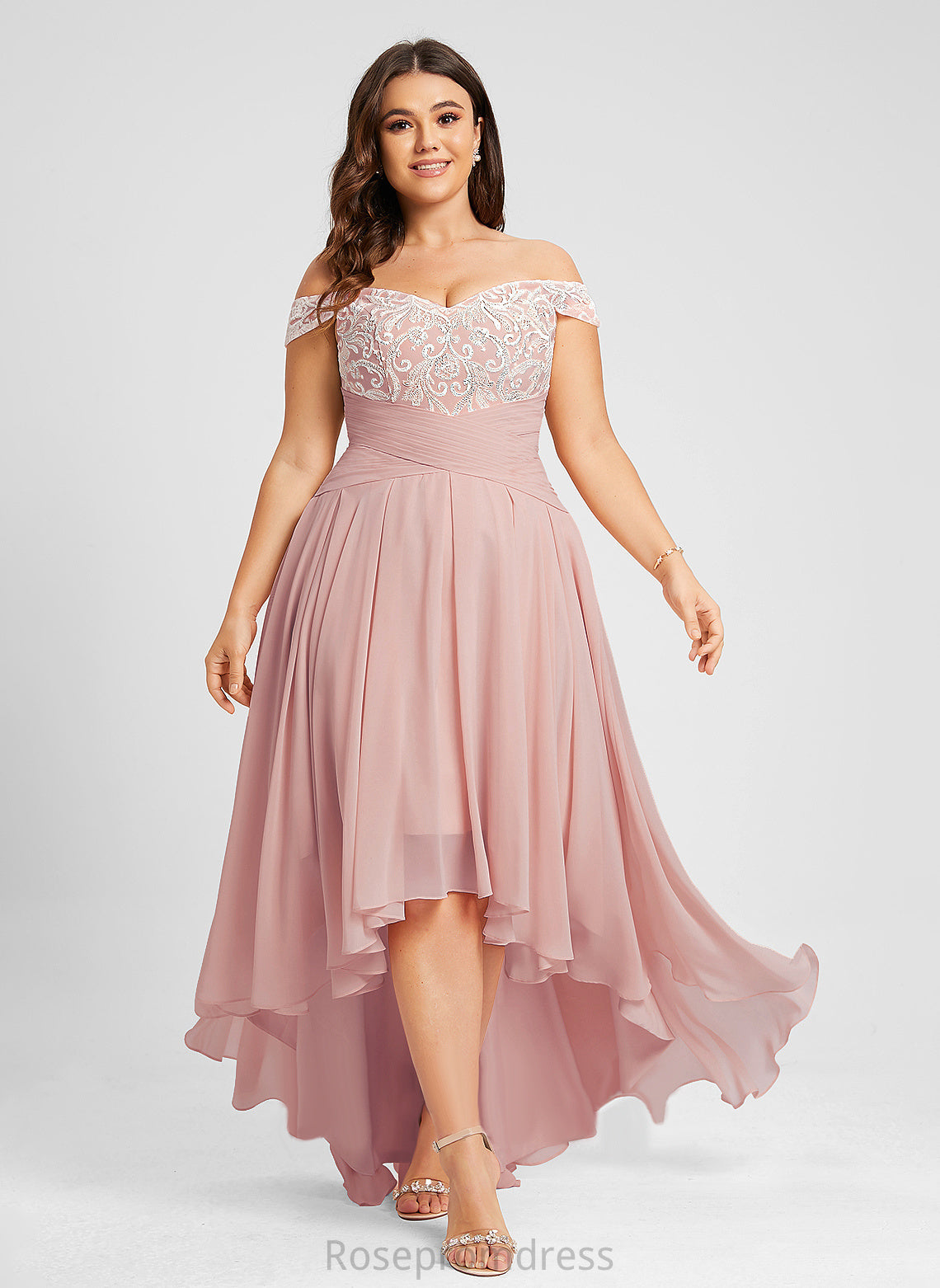 Asymmetrical Lace Prom Dresses Chiffon A-Line Pleated Lucy With Off-the-Shoulder