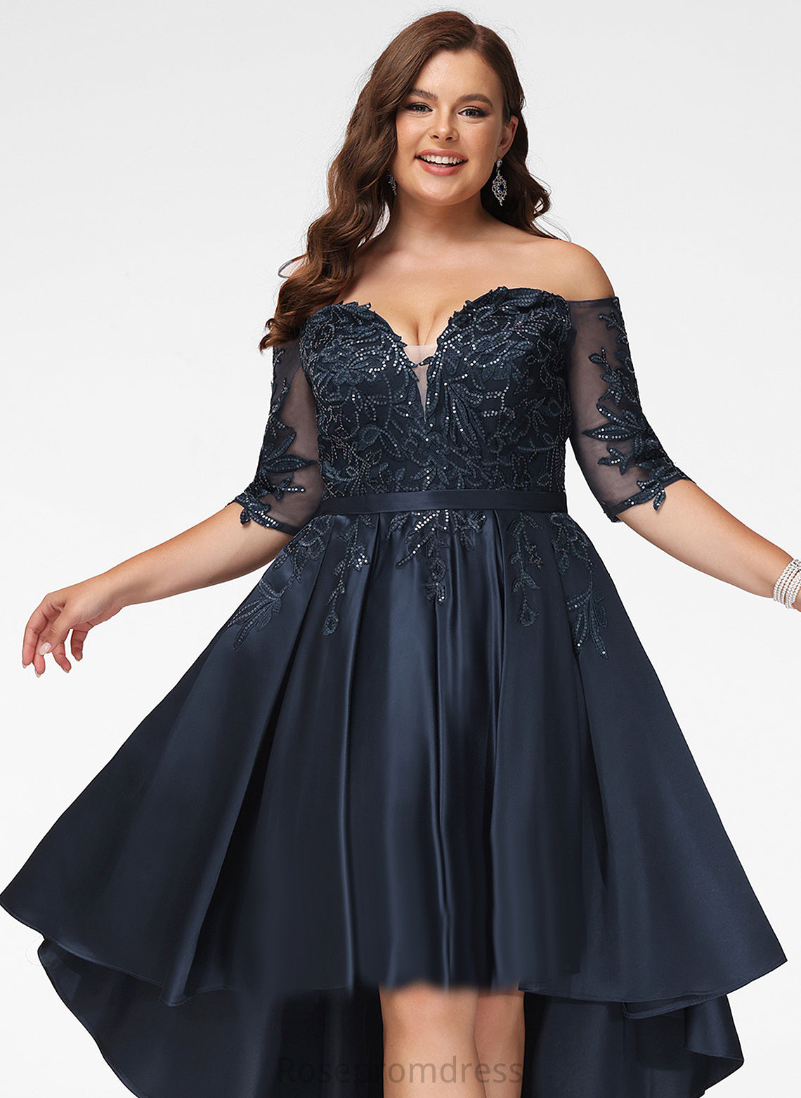 Asymmetrical With Khloe A-Line Sequins Prom Dresses Off-the-Shoulder Lace Satin