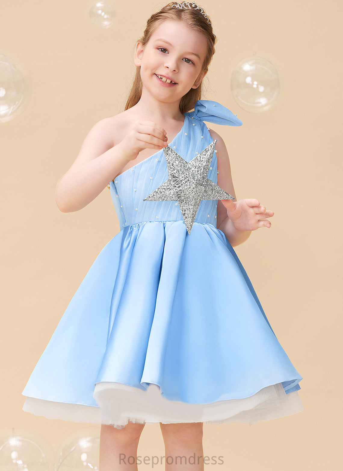 Beading/Bow(s) One-Shoulder Flower With Sleeveless Satin/Tulle A-Line Flower Girl Dresses Fernanda Dress Knee-length Girl -