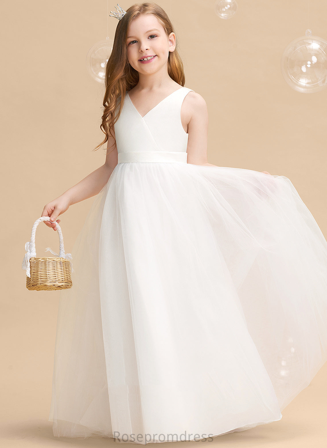 Destiney Sleeveless Ball-Gown/Princess Girl Flower V-neck Back - Floor-length Bow(s)/V Dress Tulle Flower Girl Dresses With