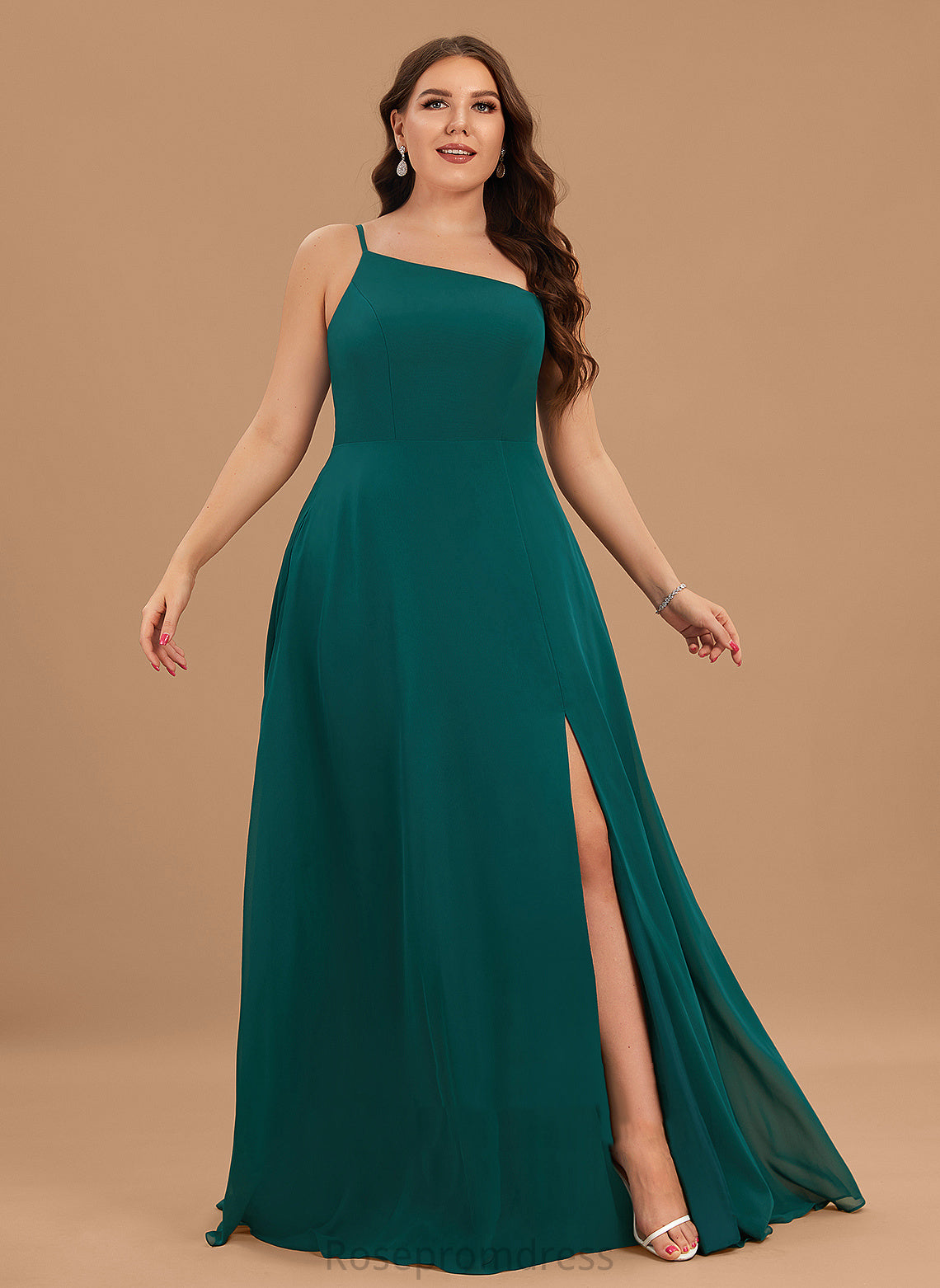 Neckline SplitFront Embellishment One-Shoulder Length A-Line Fabric Silhouette Floor-Length Pockets Amina Bridesmaid Dresses