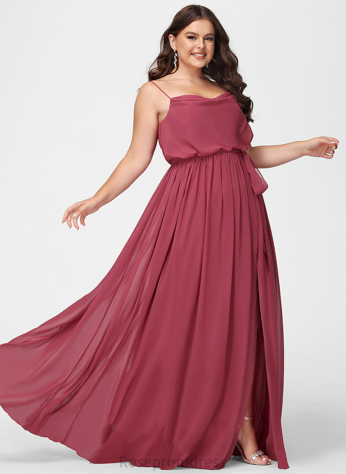 A-Line Silhouette Neckline Ruffle CowlNeck Fabric Length Floor-Length SplitFront Embellishment Adalynn Bridesmaid Dresses