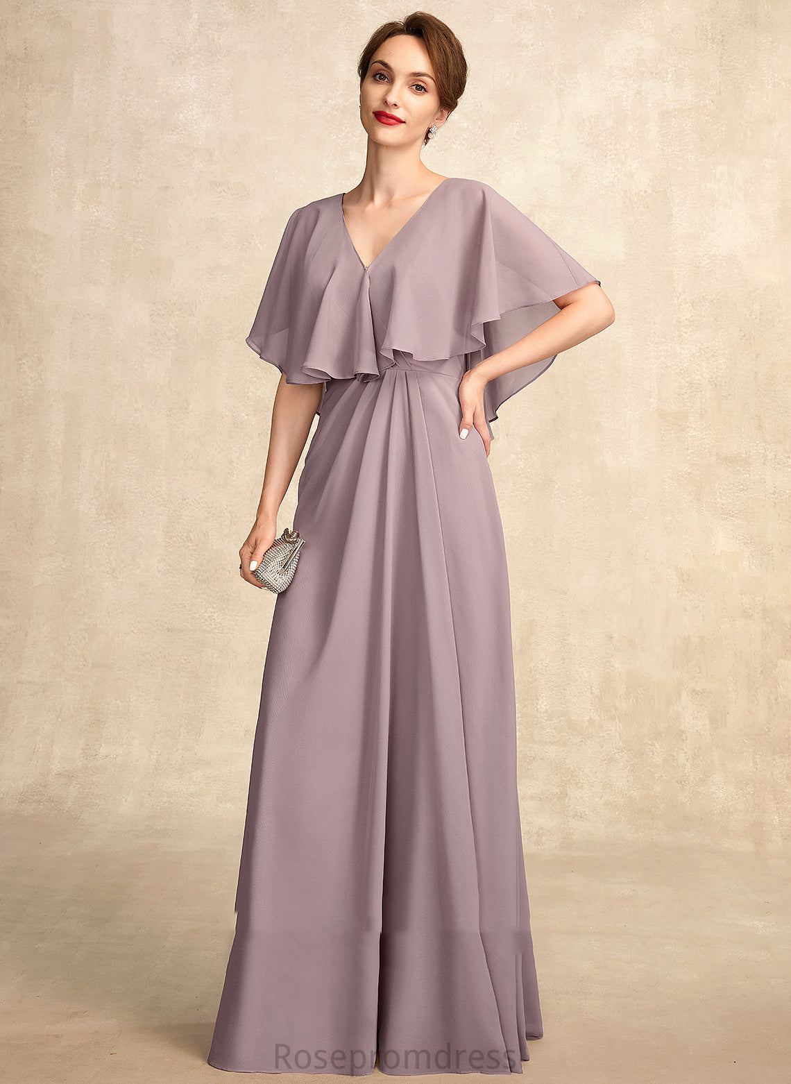 of A-Line Dress the With Chiffon Mother of the Bride Dresses Floor-Length Mother Bride Rose Ruffle V-neck