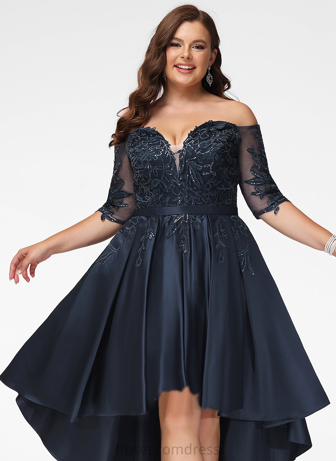 Prom Dresses A-Line Satin Asymmetrical Lace Lindsay Off-the-Shoulder