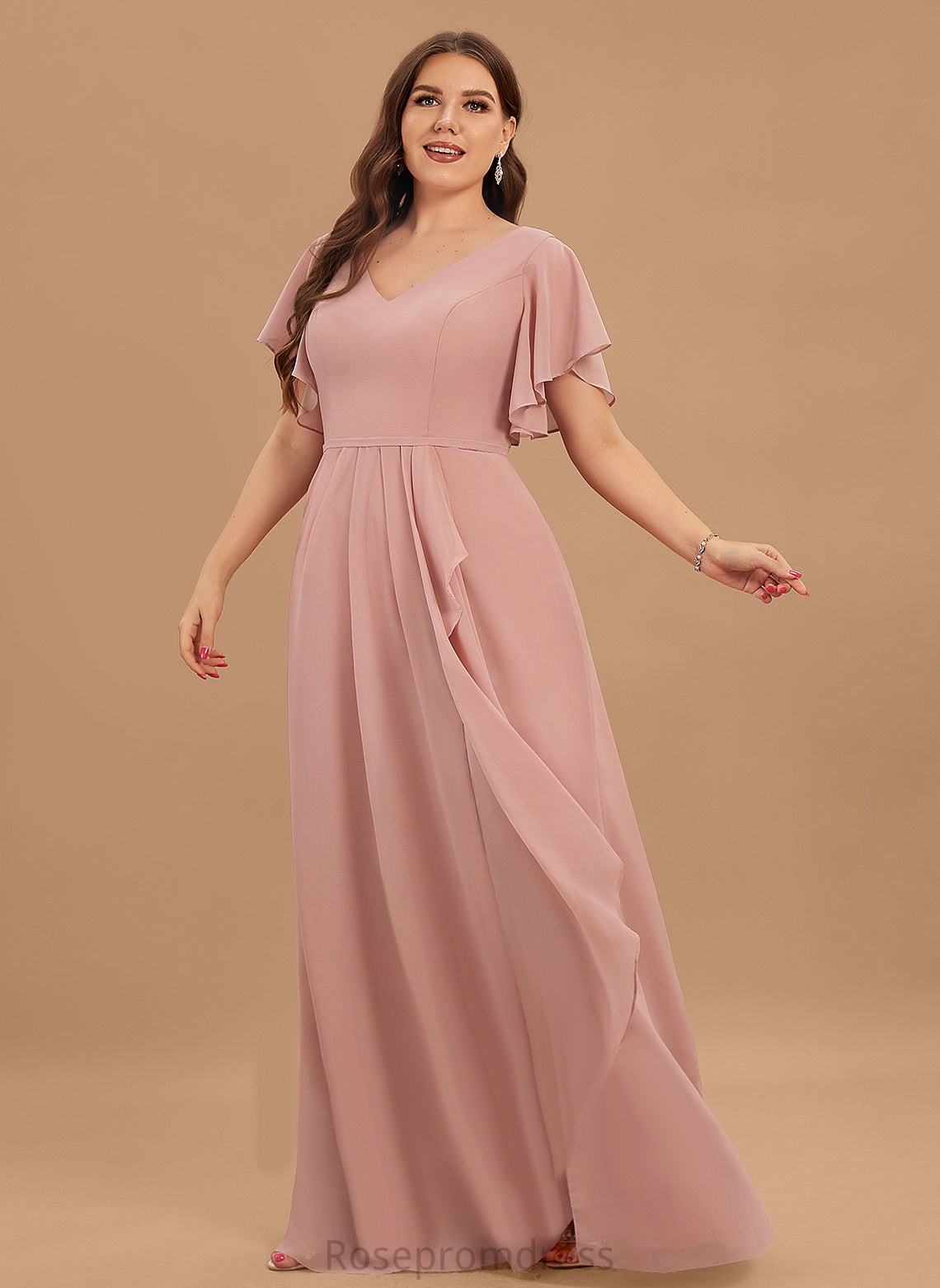 Floor-Length Ruffle Embellishment A-Line Length Silhouette Neckline SplitFront Fabric V-neck Cristal Floor Length Bridesmaid Dresses