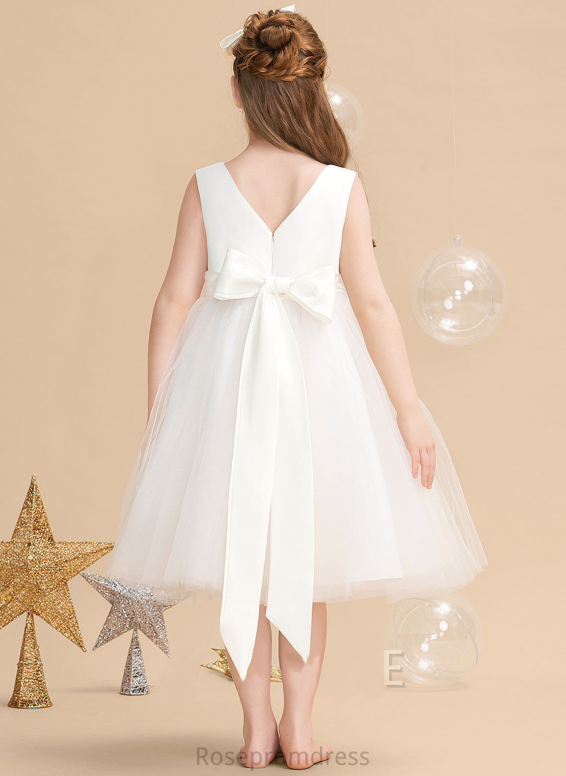 Satin/Tulle V-neck Flower Girl Flower Girl Dresses Dress - With Sleeveless Bow(s) Karlee Knee-length A-Line