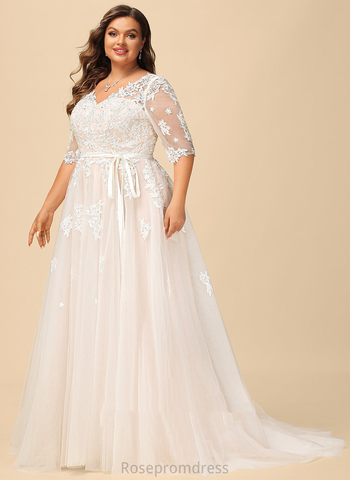 V-neck With Ball-Gown/Princess Beading Sequins Lace Train Satin Court Tulle Appliques Dress Bow(s) Wedding Wedding Dresses Hanna