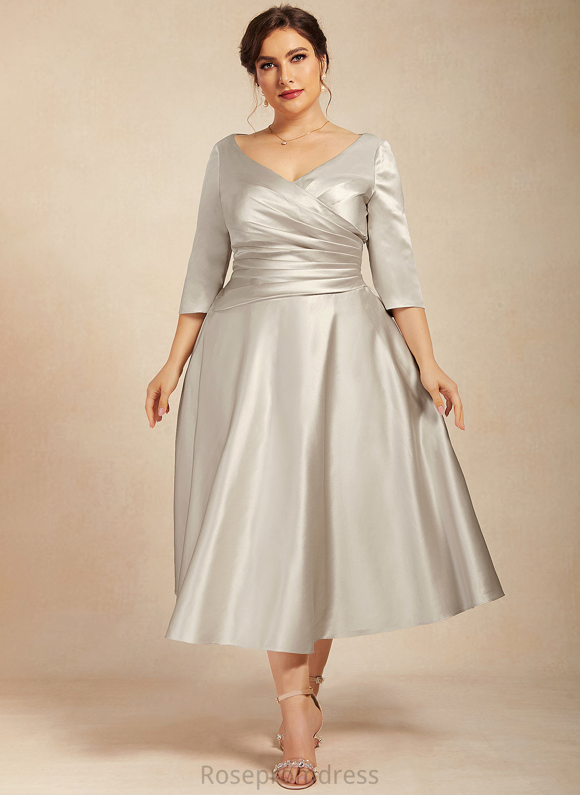 Satin Jocelyn Mother of the Bride Dresses V-neck Dress the Mother Bride Ruffle of A-Line Tea-Length With