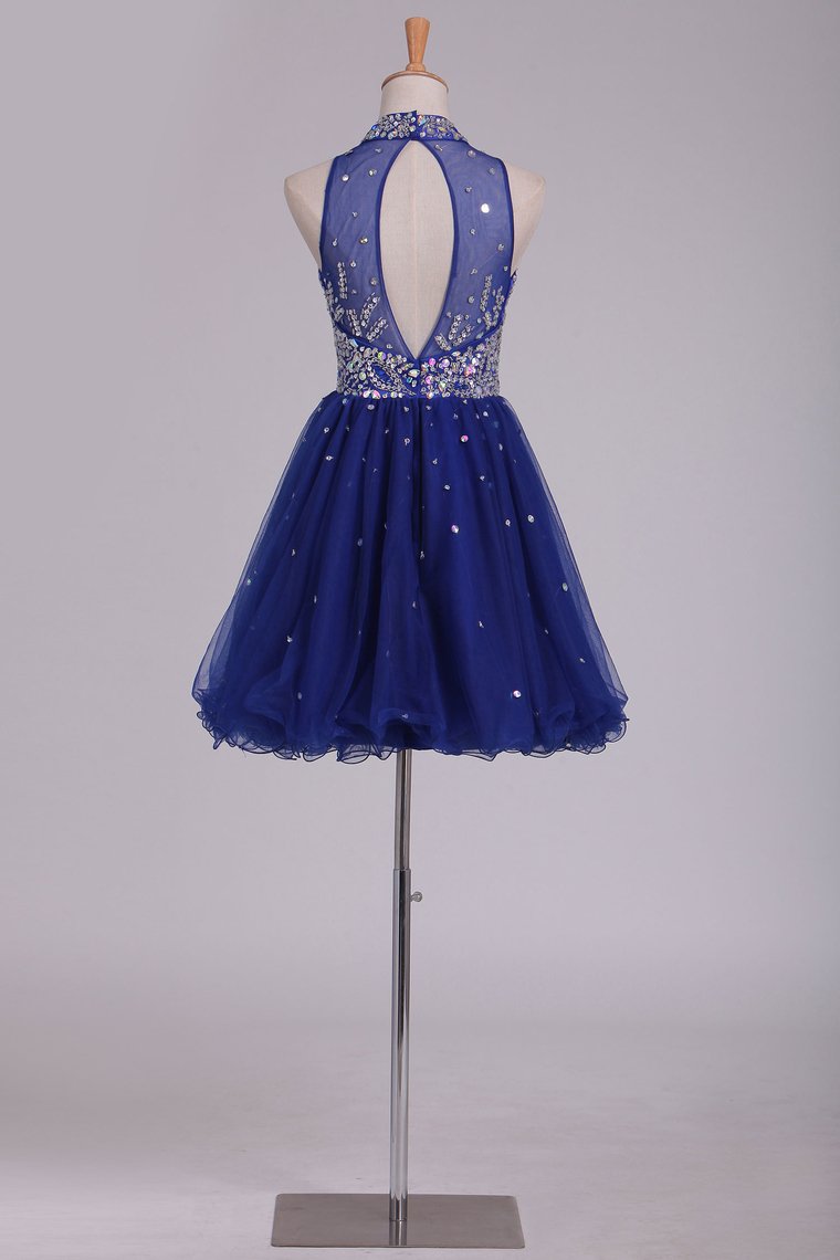 2024 High Neck Homecoming Dresses Beaded Bodice A-Line Dark Royal Blue Tulle Short/Mini