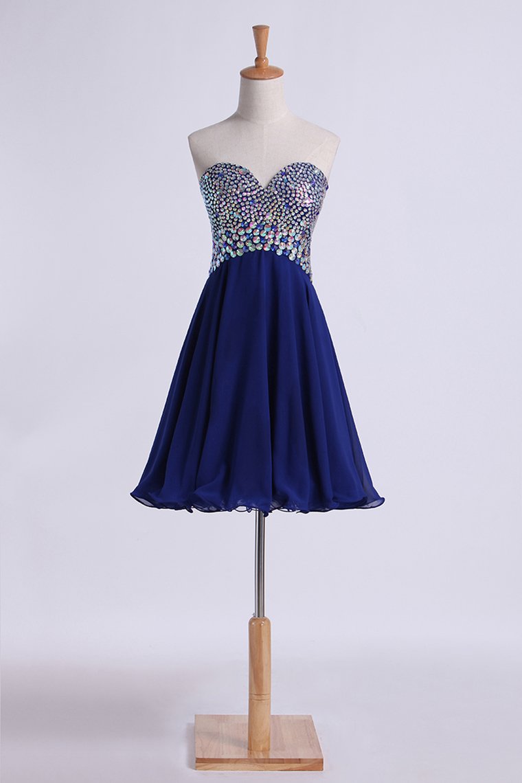 2024 Homecoming Dress Dark Royal Blue Beaded Sweetheart Short/Mini A Line/Princess Chiffon