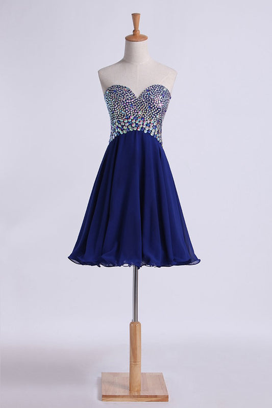 2024 Homecoming Dress Dark Royal Blue Beaded Sweetheart Short/Mini A Line/Princess Chiffon