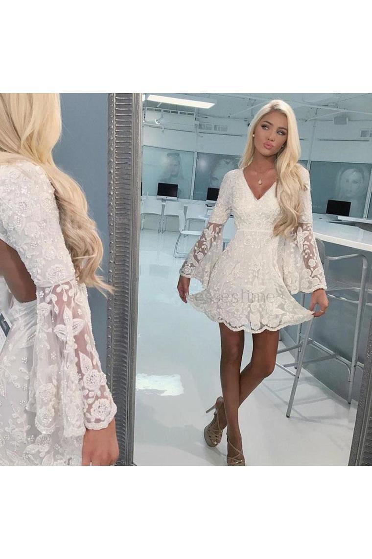 A-Line V-Neck Open Back Bell Sleeves Short White Lace Homecoming Dress