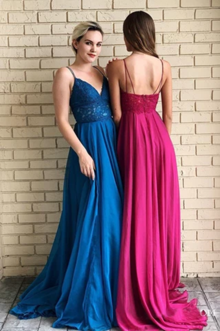 Spaghetti Straps A-Line Long Cheap Prom Dresses With Lace Top