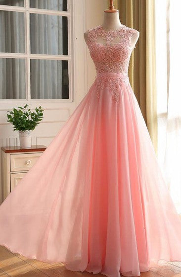 Charming Long Appliques Pink Sleeveless A-Line Scoop Elegant Prom Dresses RS782